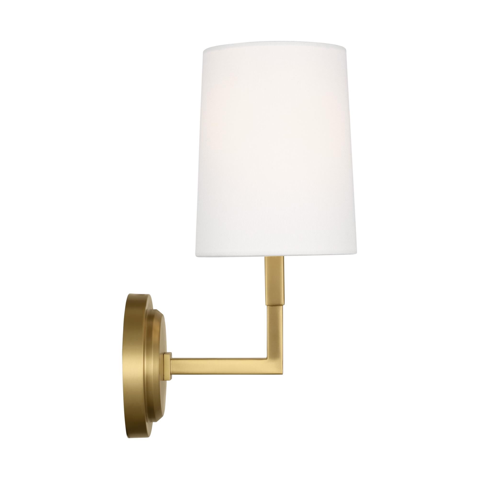 Shown in Burnished Brass finish and White Linen shade