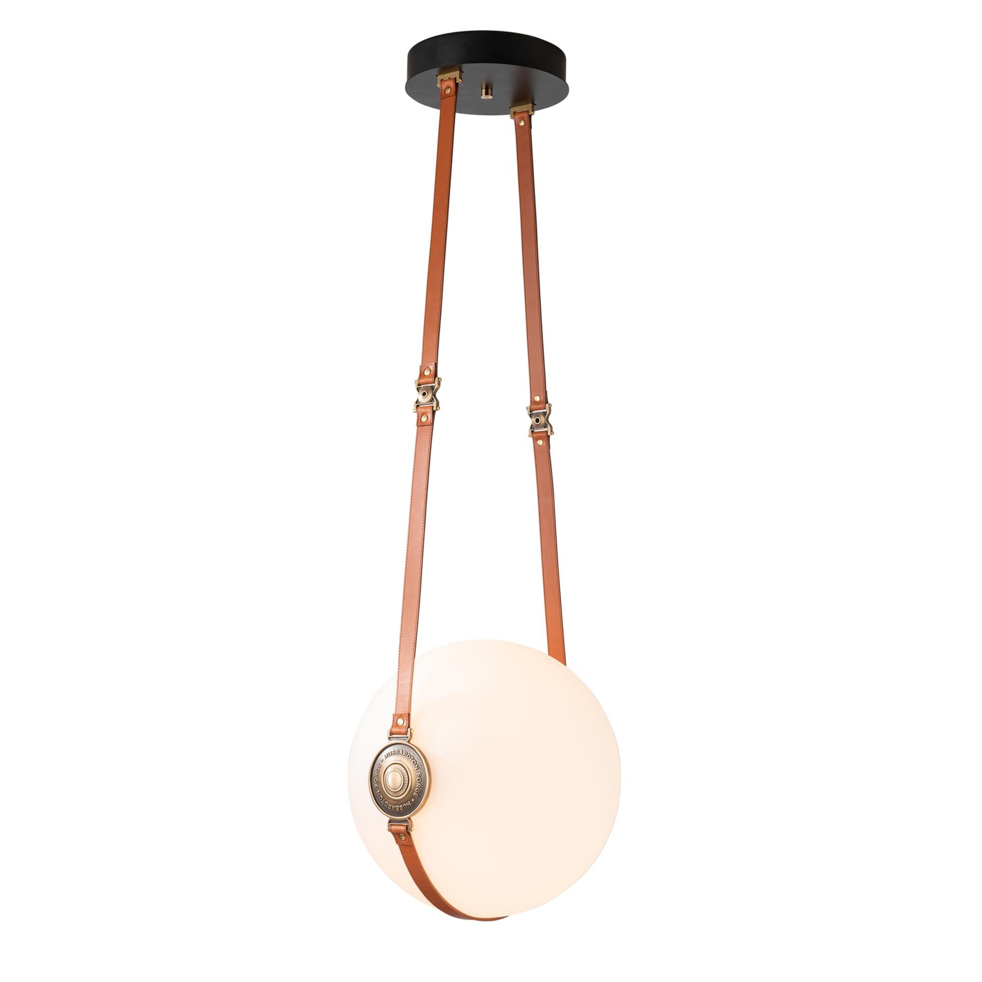 Shown in Brass with Black finish and Opal glass and Leather Chestnut accent