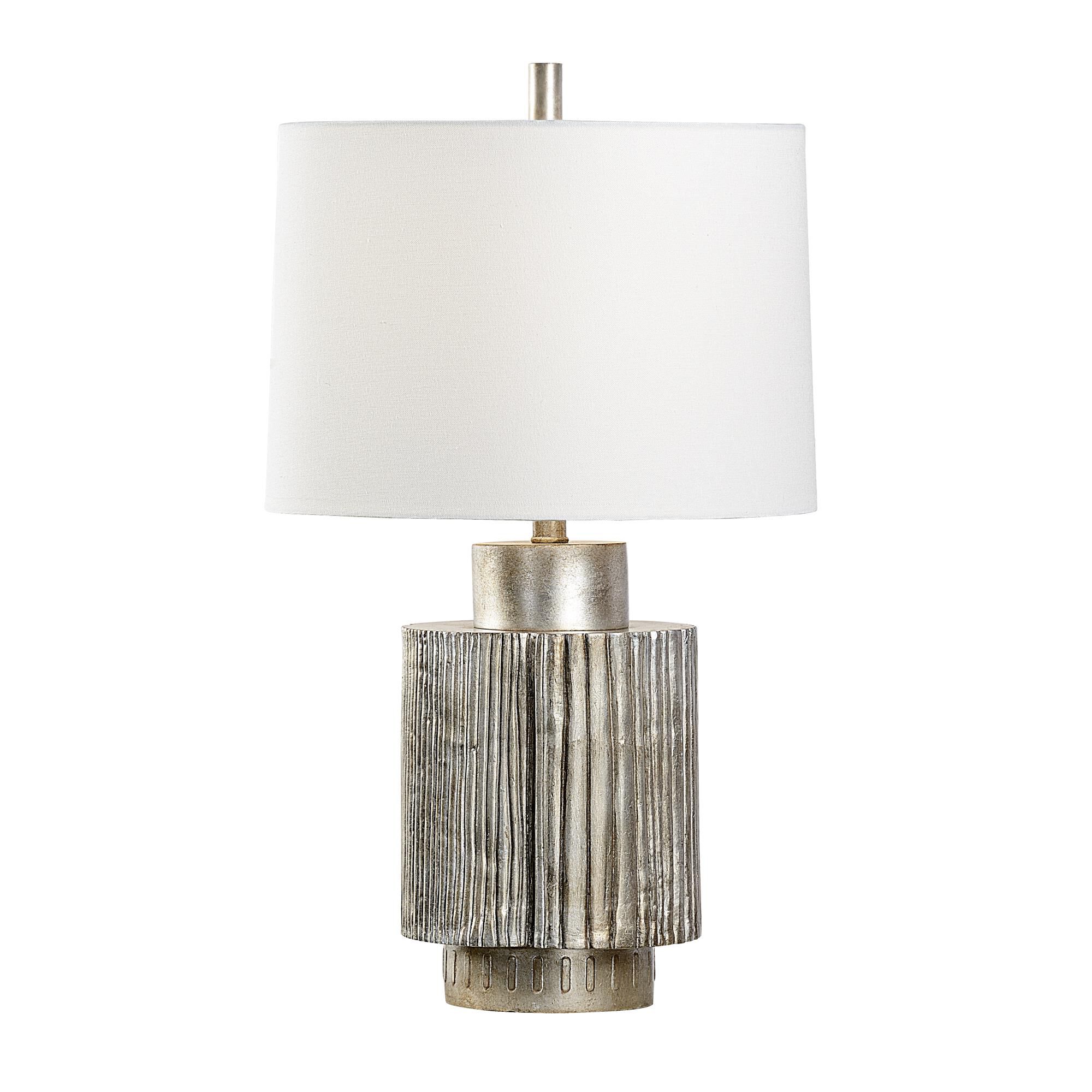 Shown in Antique Silver Leaf finish and Off White Linen shade