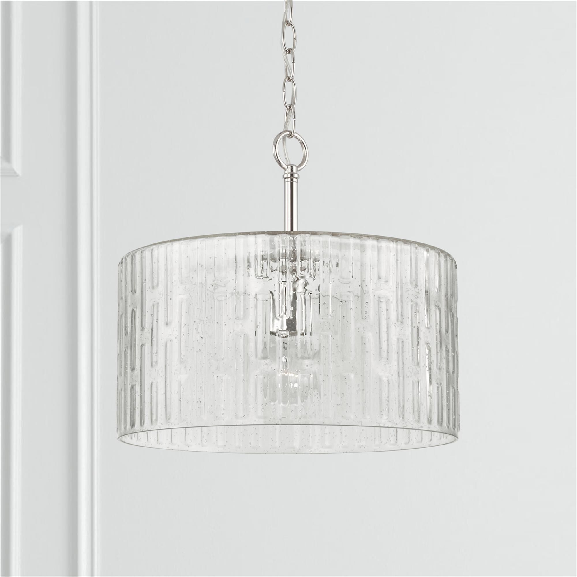 Shown in Polished Nickel finish and Embossed Seeded glass