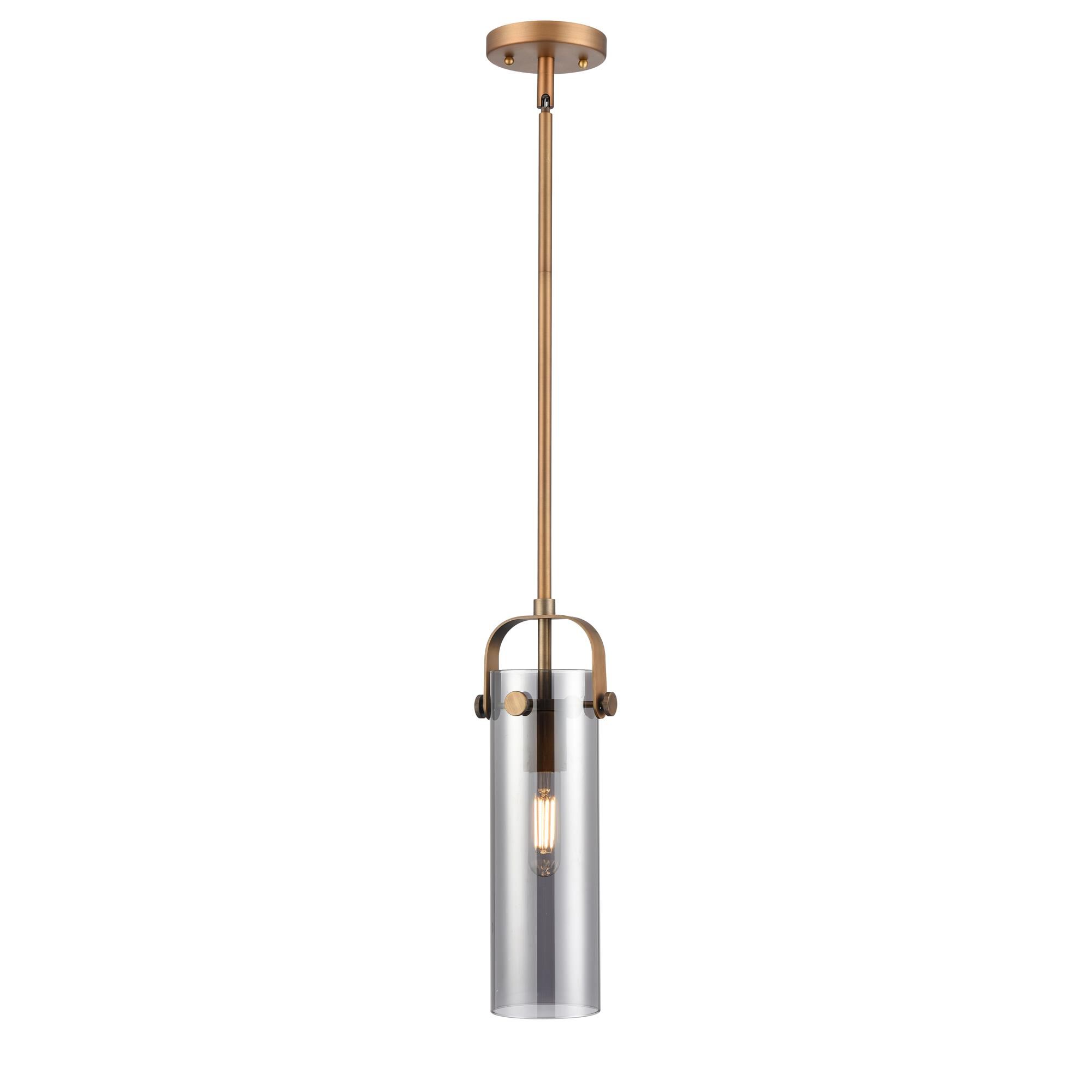 Shown in Brushed Brass finish and Plated Smoke glass and Plated Smoke Glass shade