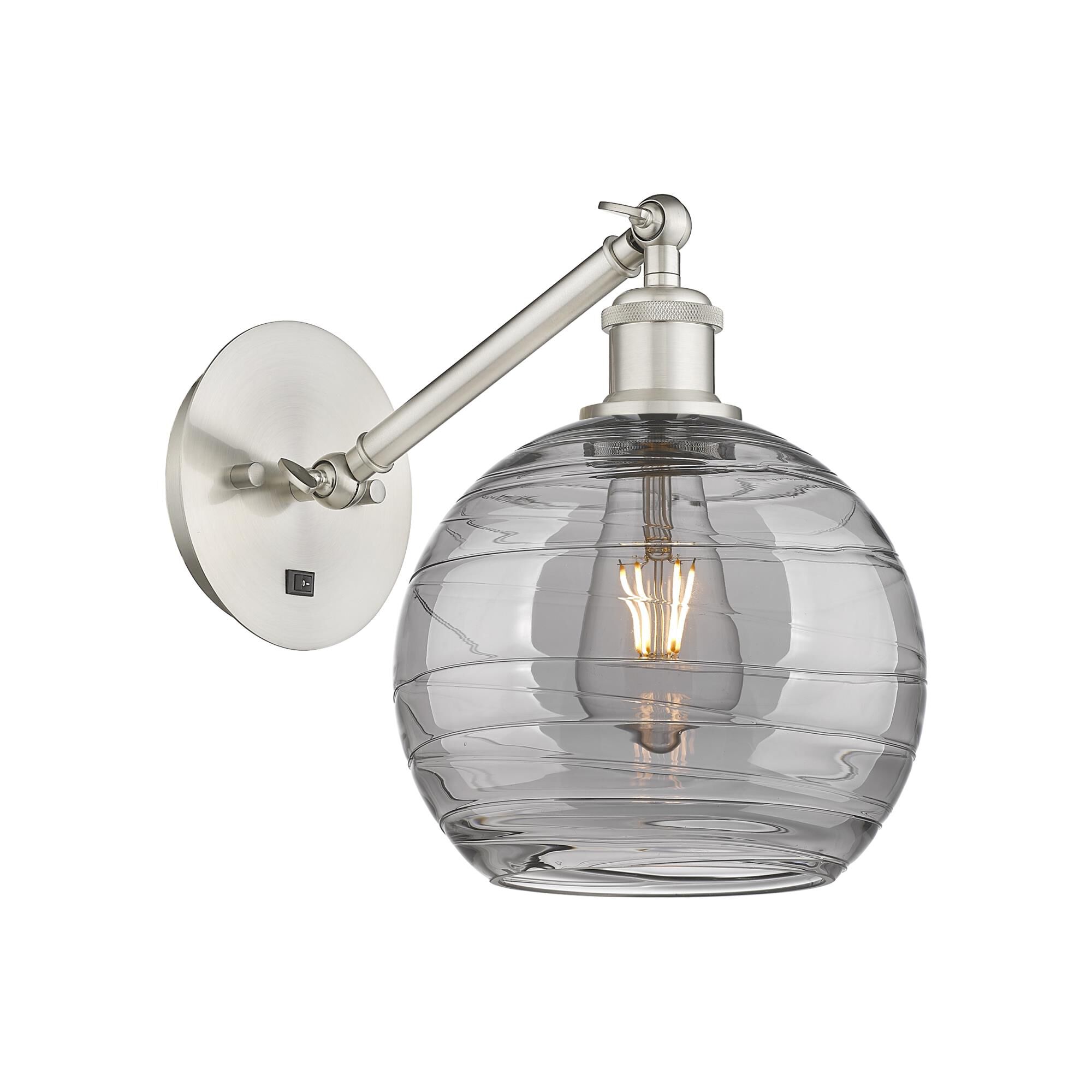Shown in Brushed Satin Nickel finish and Light Smoke Deco Swirl glass