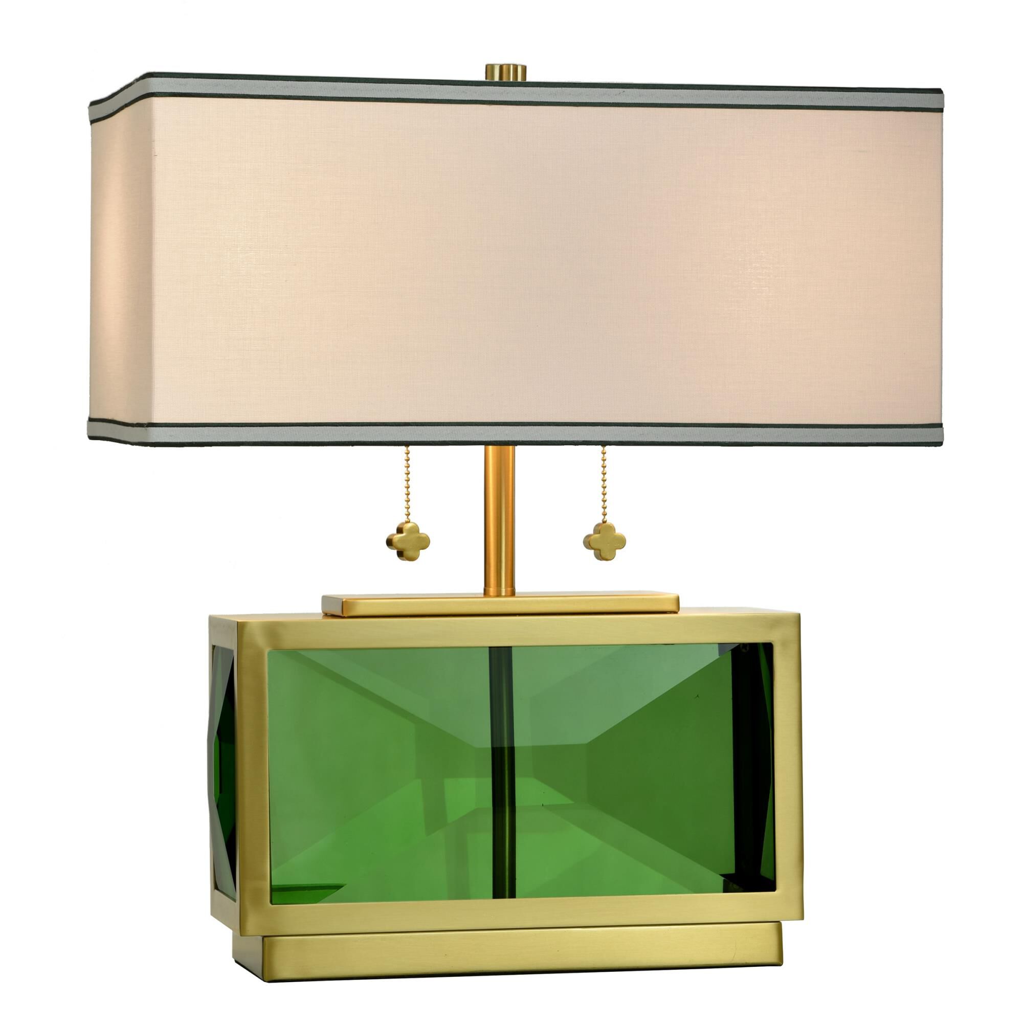 Shown in Polished Brass and Green finish and Off-White With Dark Green Double-Lined Trim shade