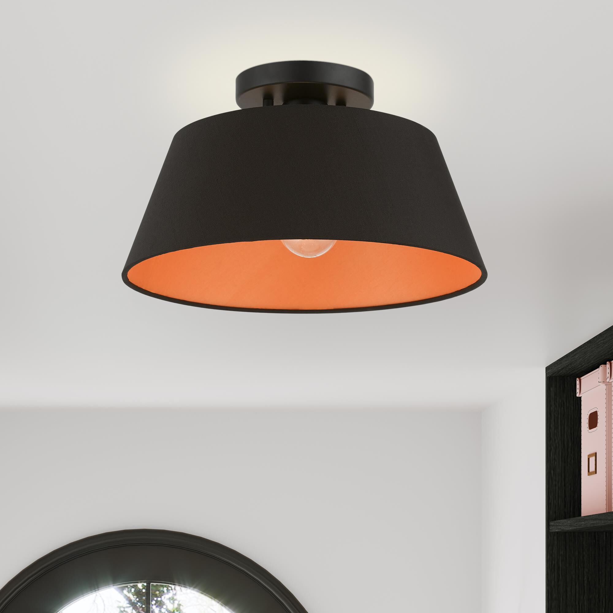 Shown in Black finish and Black Fabric Hardback with Orange Fabric Inside shade