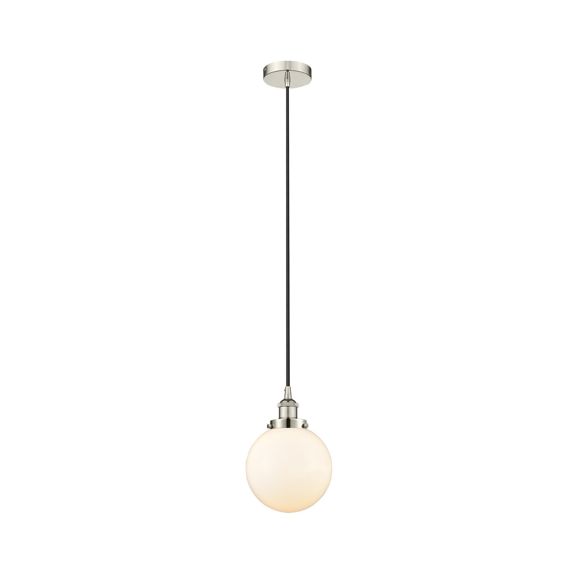 Shown in Polished Nickel finish and Matte White Cased Beacon glass
