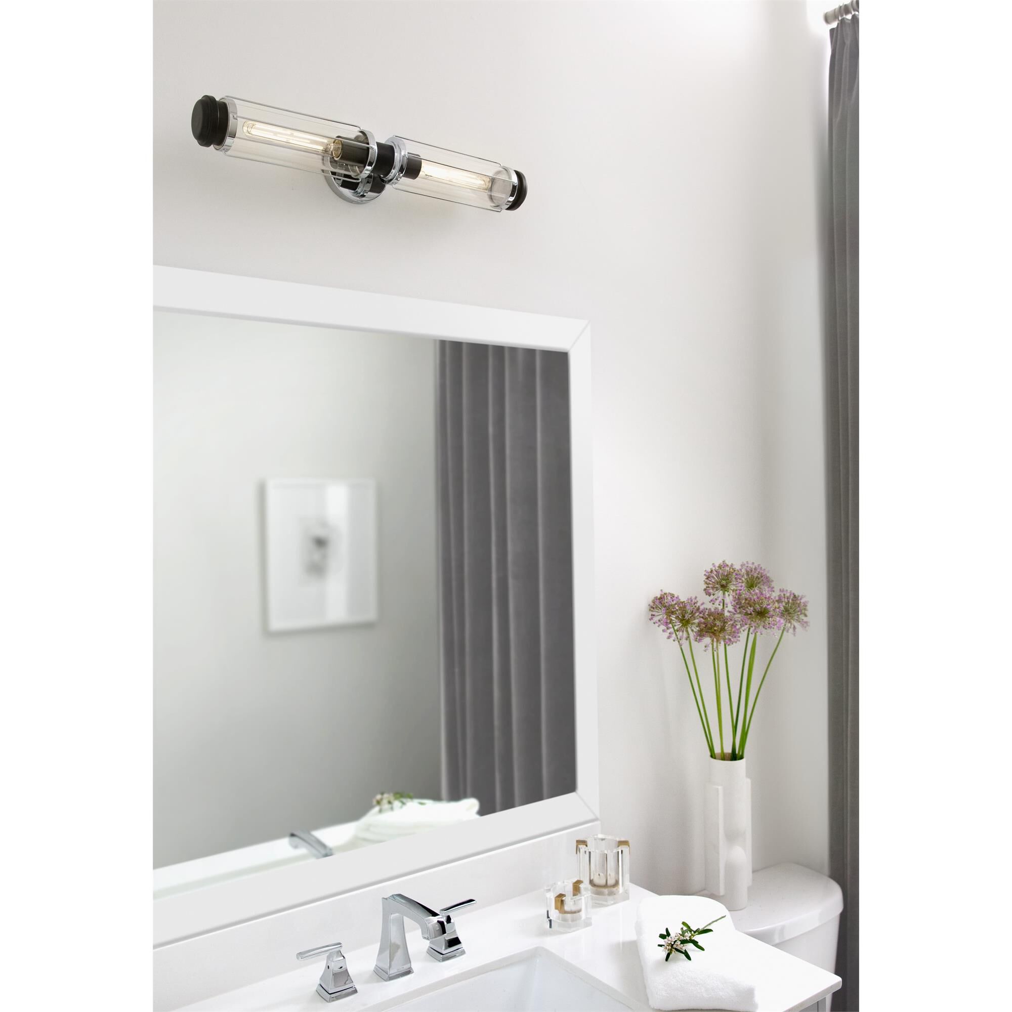 Shown in Chrome finish and Clear glass and Black accent