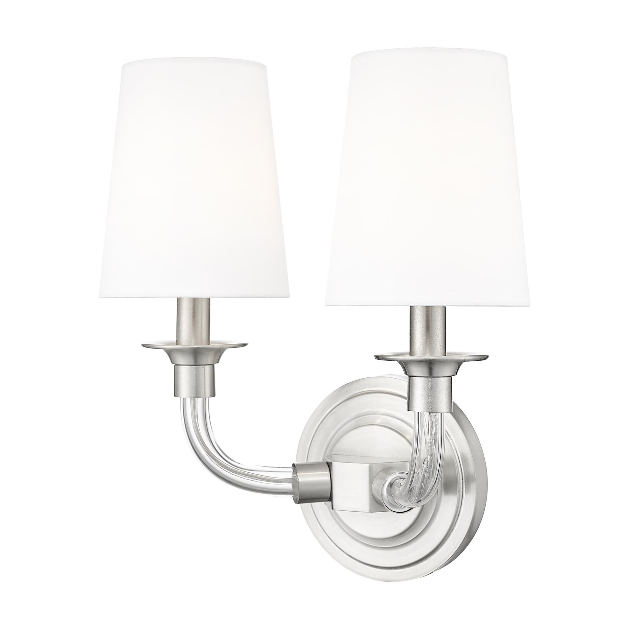 Shown in Brushed Nickel finish and White glass and White shade