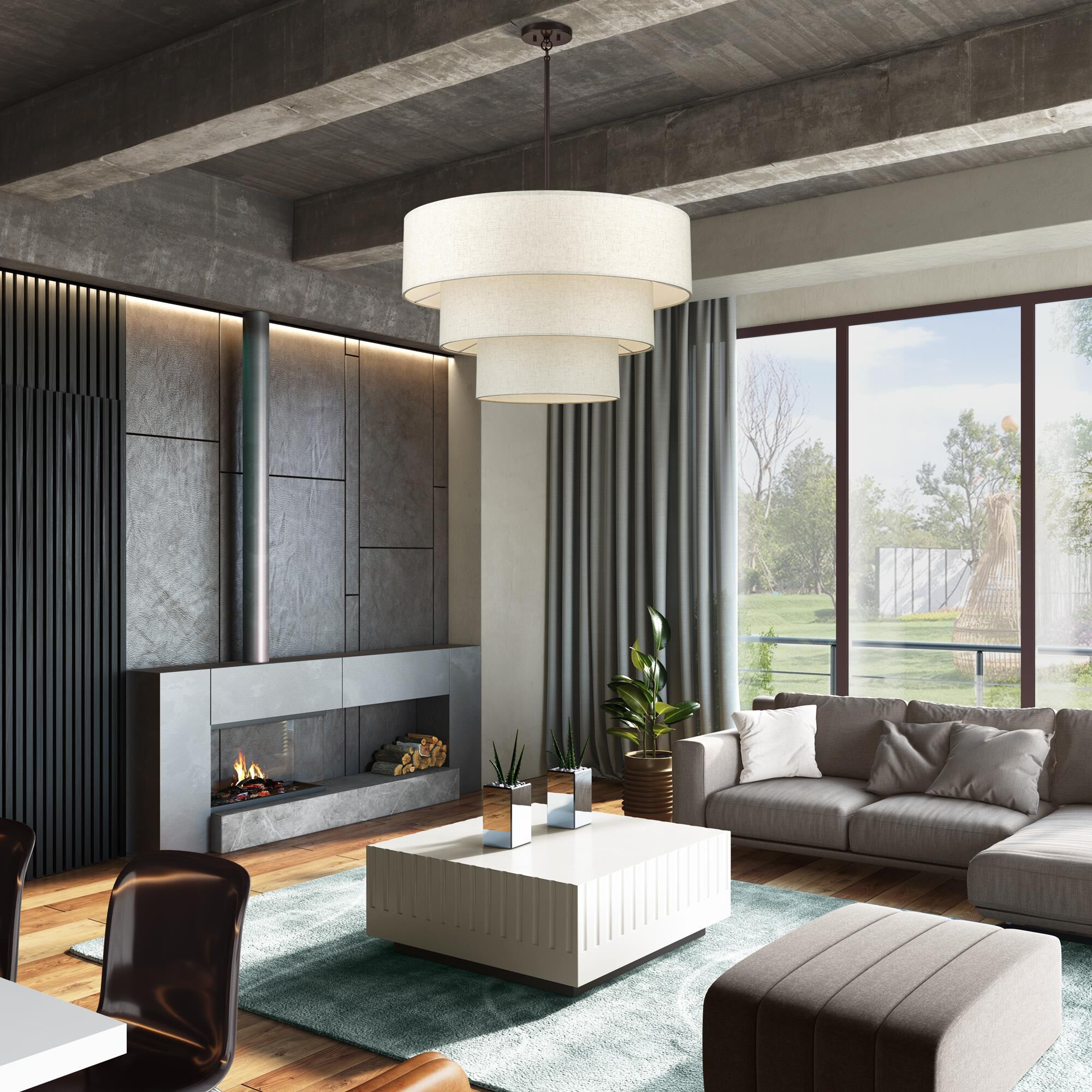 Shown in English Bronze finish and Hand Crafted Oatmeal Color Fabric with White Color Inside shade