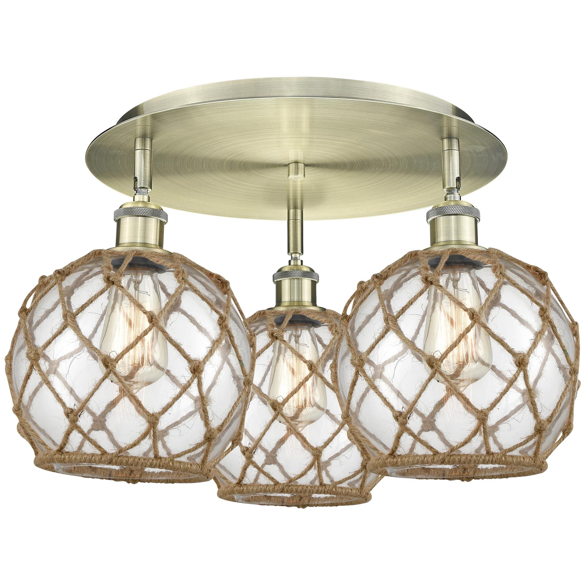 Shown in Antique Brass finish and Clear with Brown Rope glass