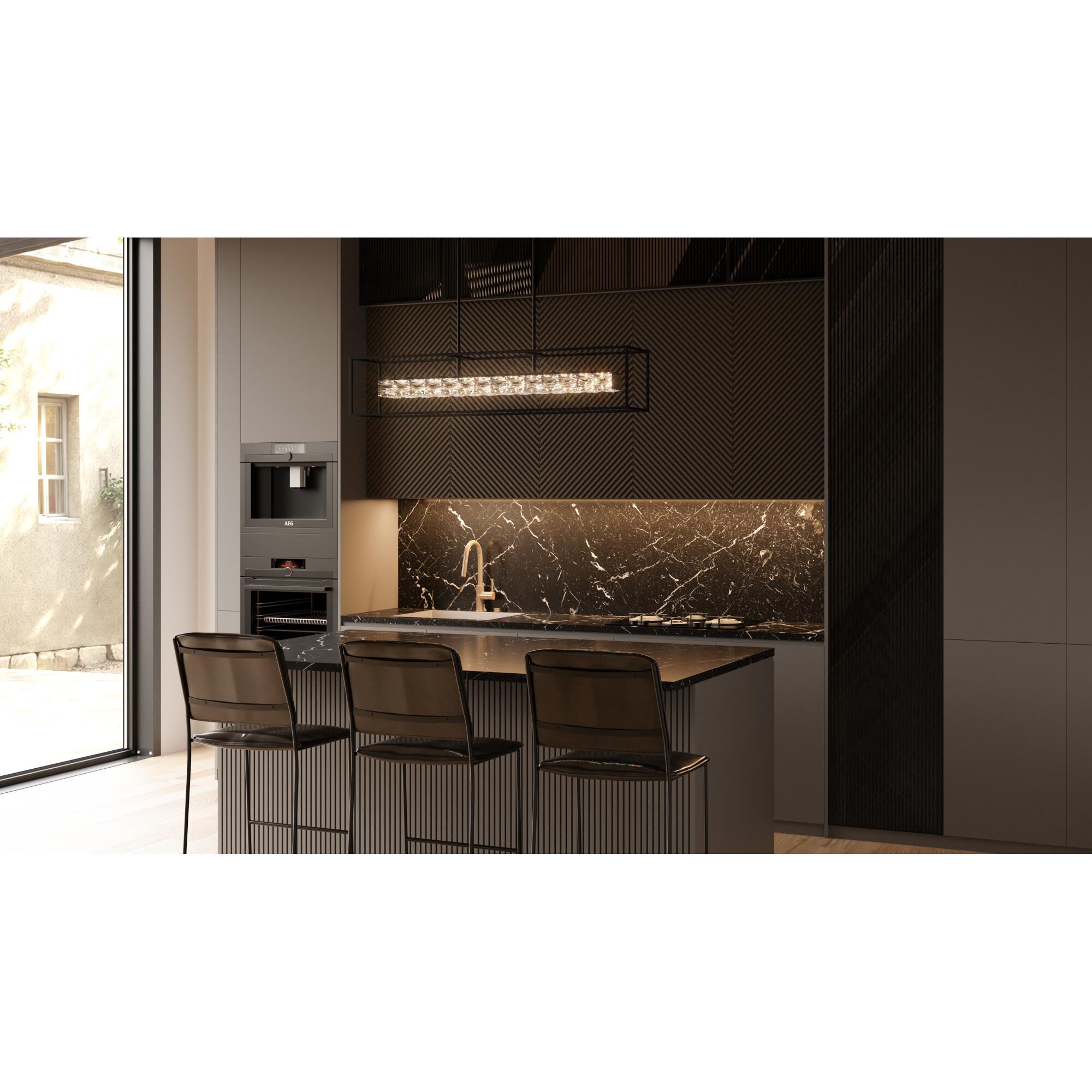 Shown in Matte Black finish and Clear Crystal glass