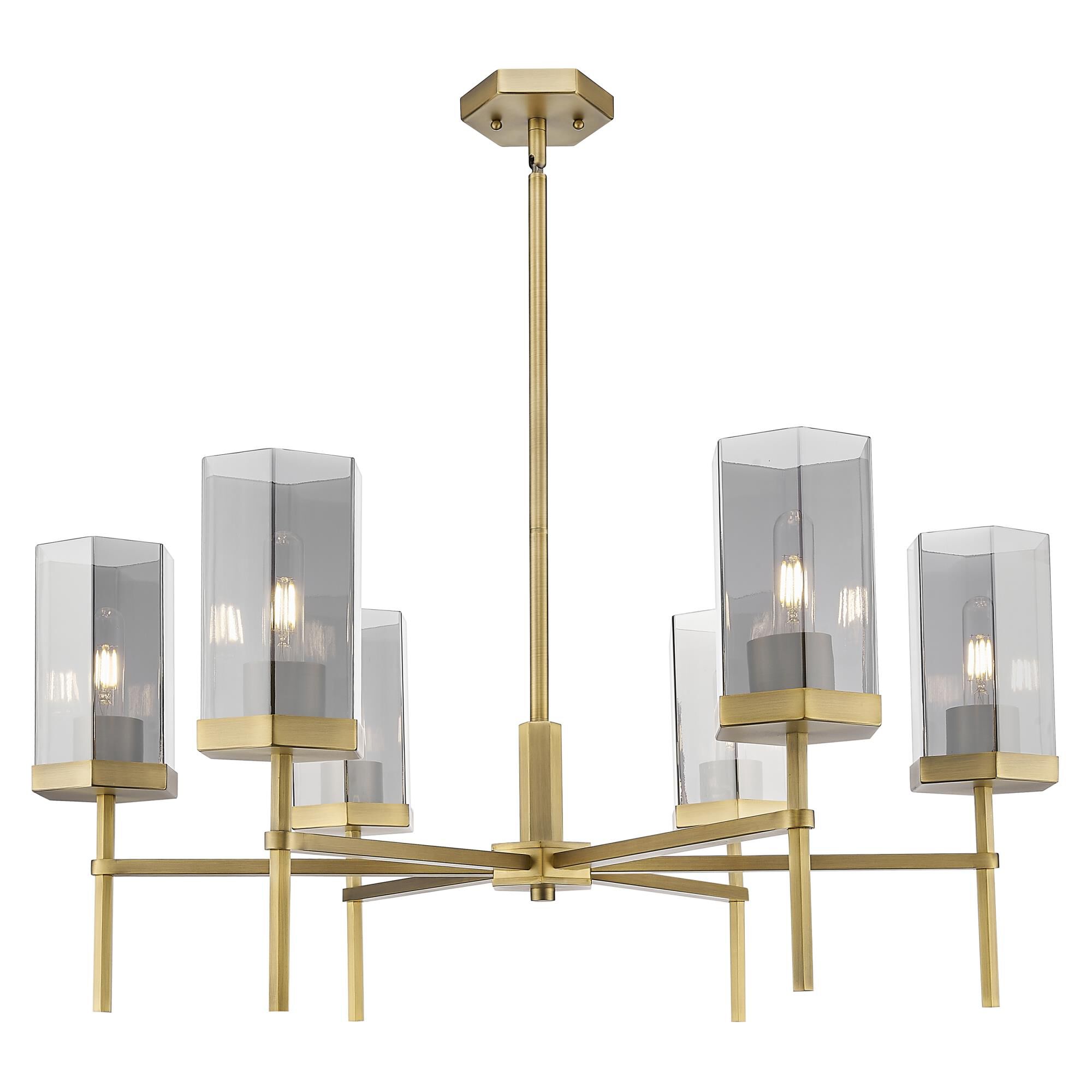 Shown in Brushed Brass finish and Light Smoke glass