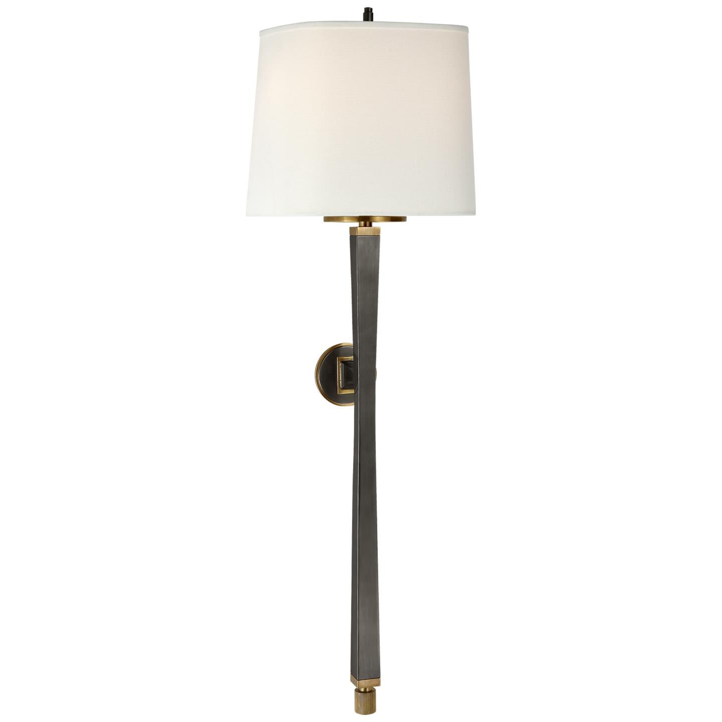 Shown in Bronze With Antique Brass finish and Linen Shield shade