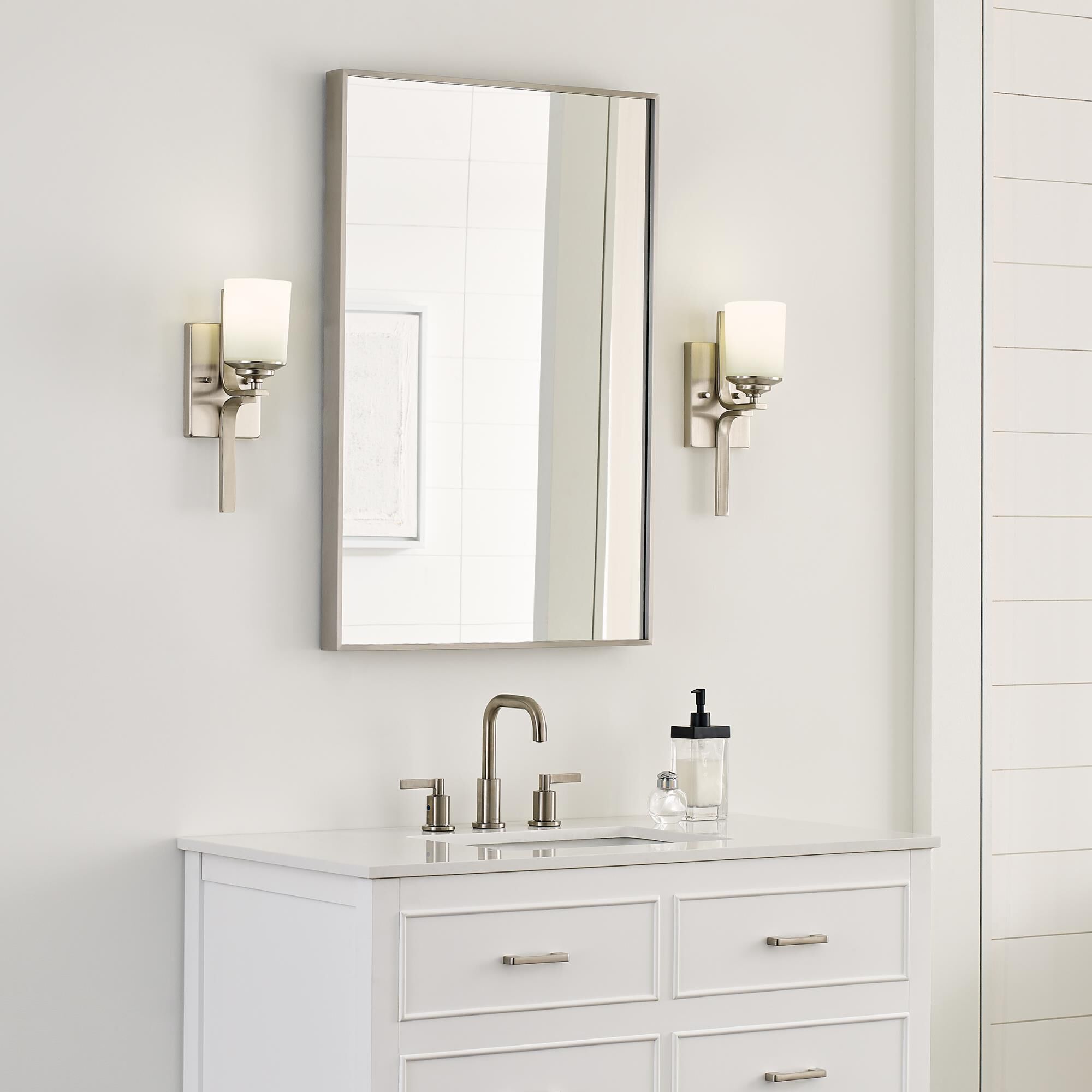 Shown in Brushed Nickel finish and Etched - White Inside glass