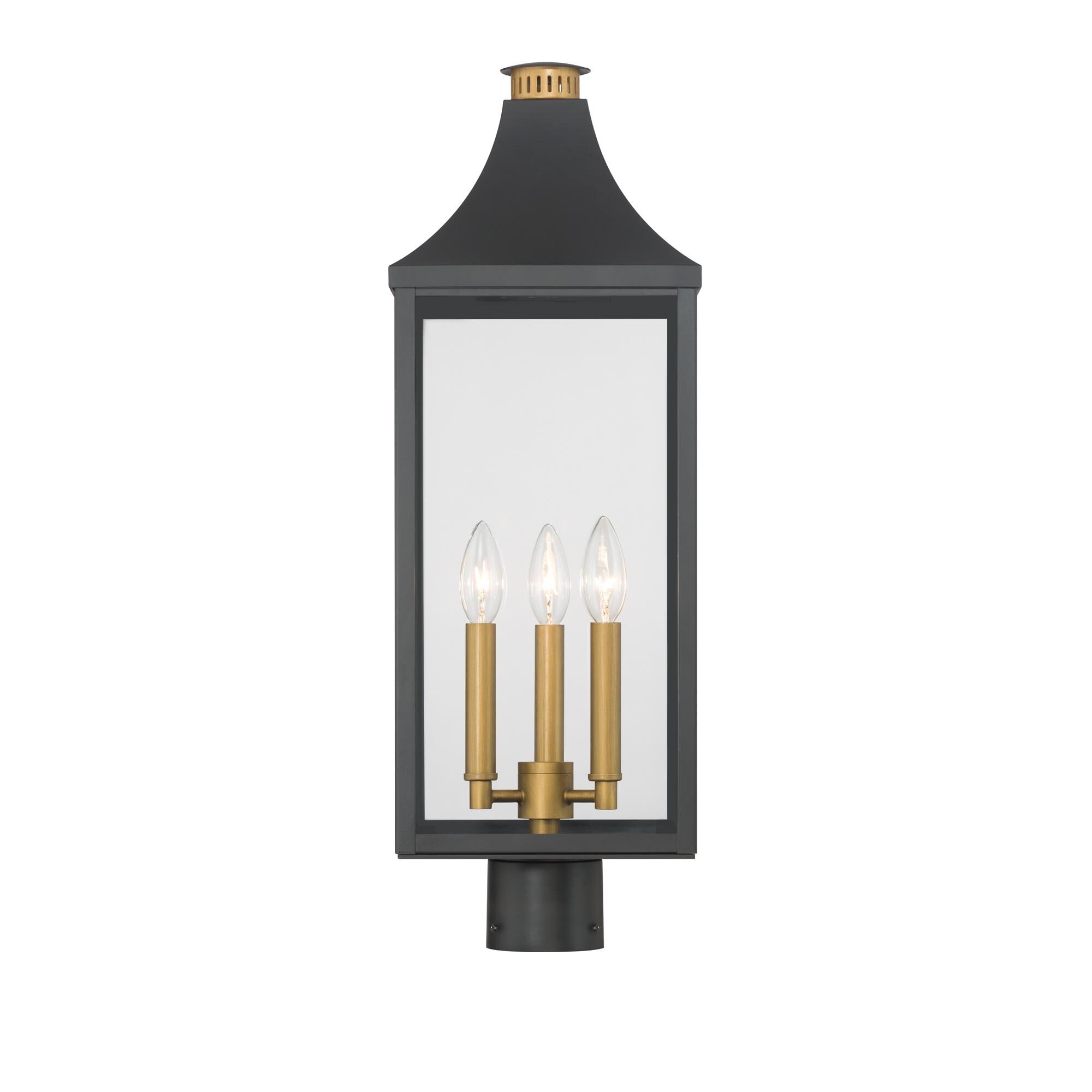 Shown in Dark Matte Black and Painted Legacy Brass finish and Clear glass