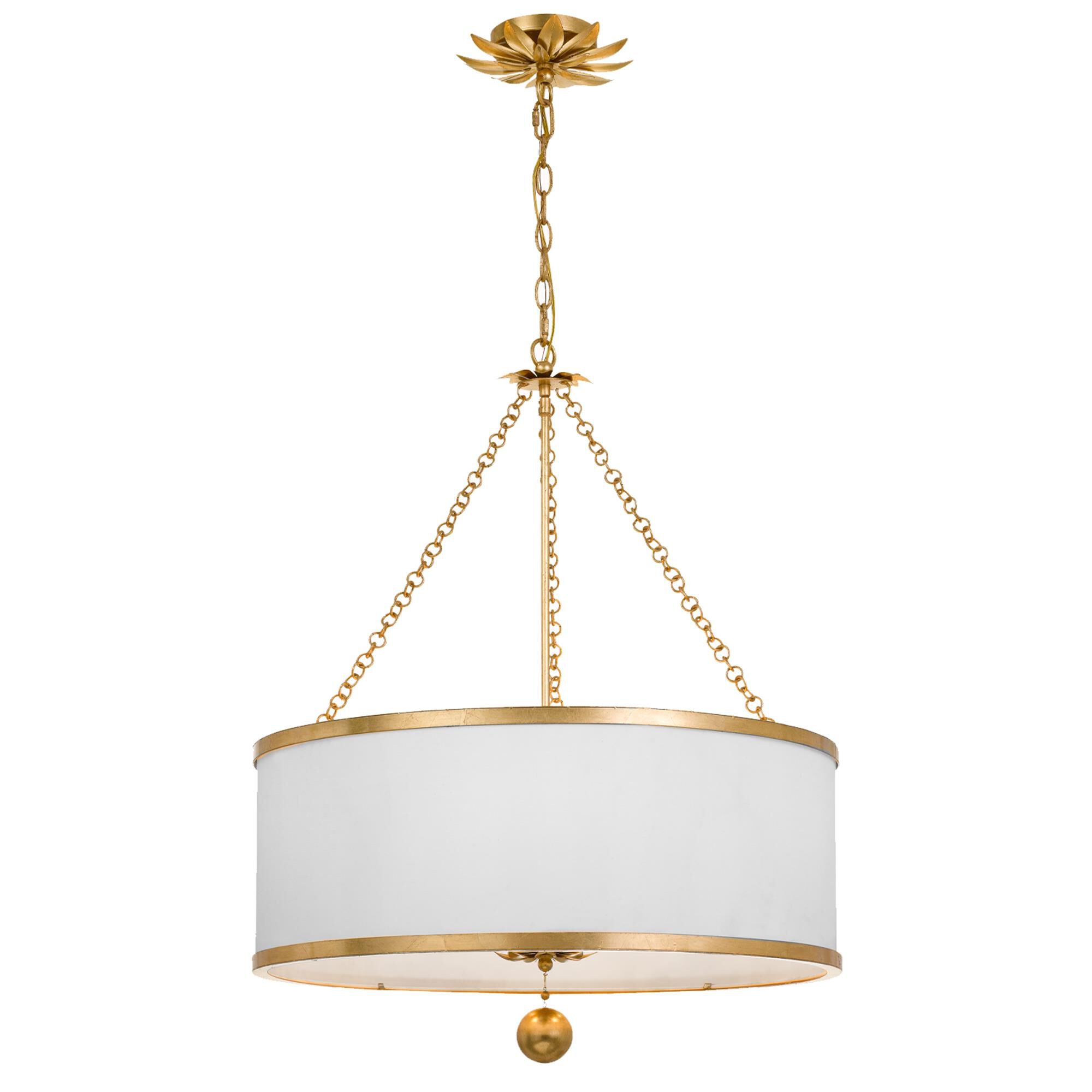 Shown in Antique Gold finish and Clear crystal and Silk glass and White shade