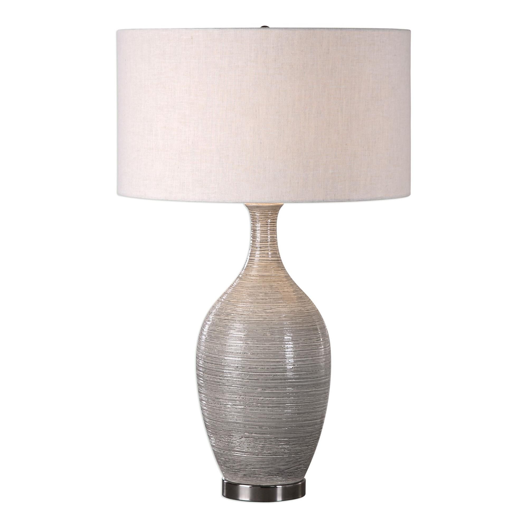 Shown in This Ceramic Base Features A Coarse, Horizontal Texture, Finished In A Mushroom Gray Glaze, Accented finish and Round Hardback Drum shade