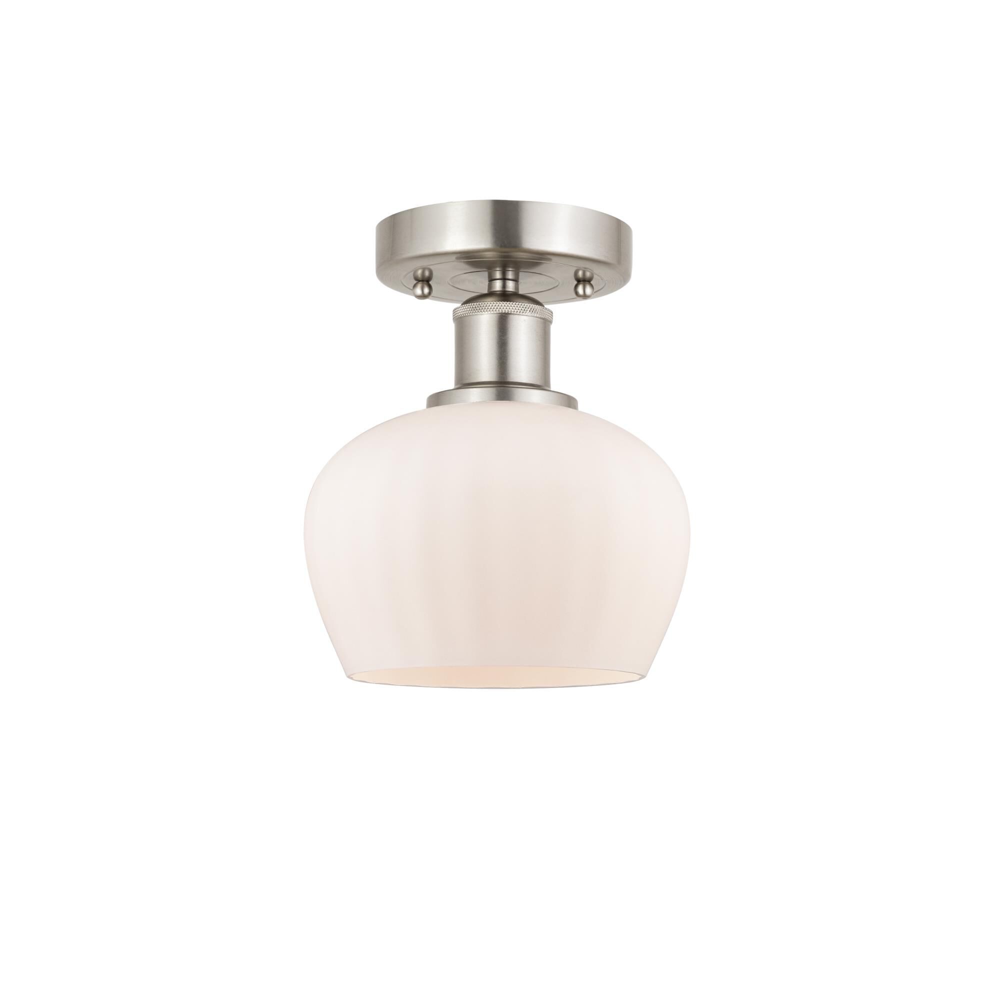 Shown in Brushed Satin Nickel, Matte White finish and Matte White glass and Matte White Glass shade