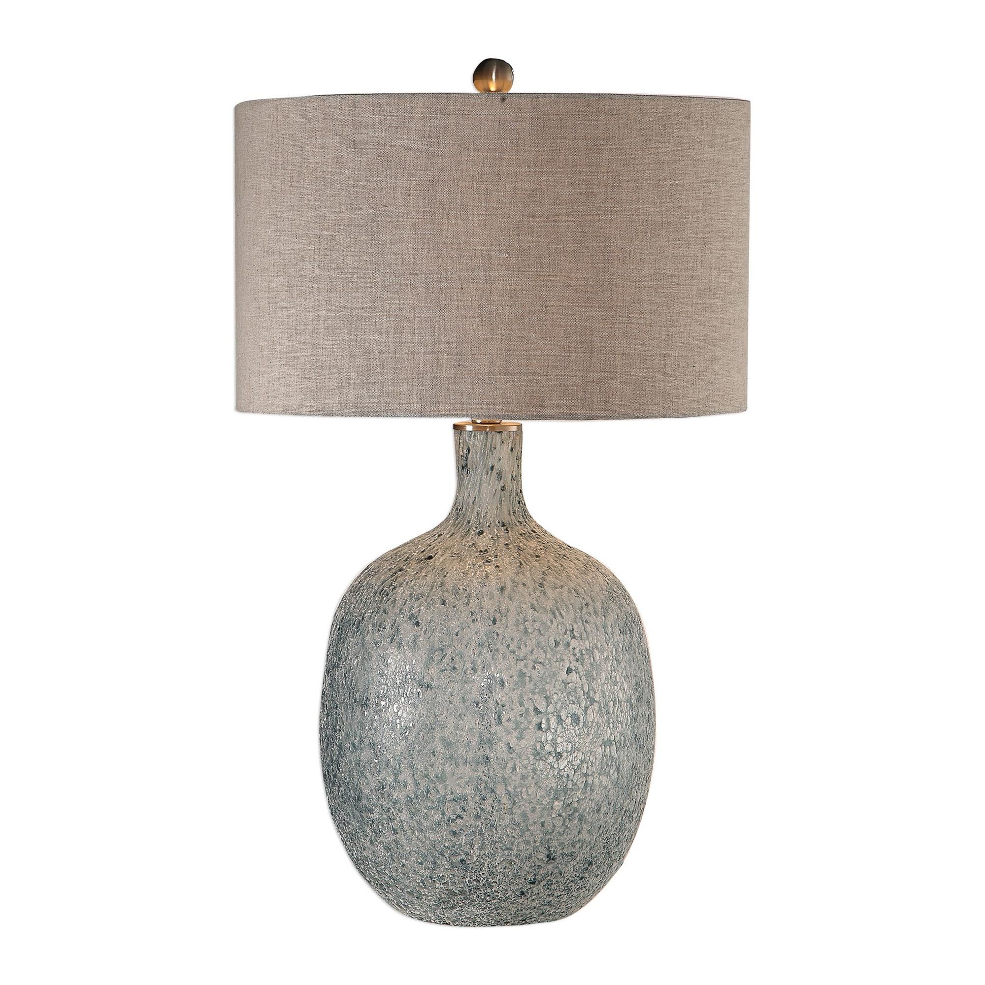 Shown in The Finish On This Glass Base Is Reminiscent To An Ocean Wave Crashing, Featuring Mottled Highlights finish and Round Hardback Drum shade
