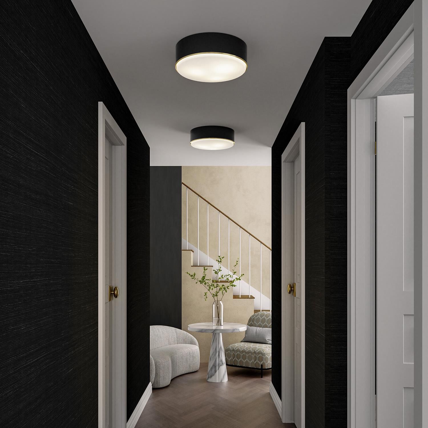 Shown in Matte Brass and Black finish and Soft White glass