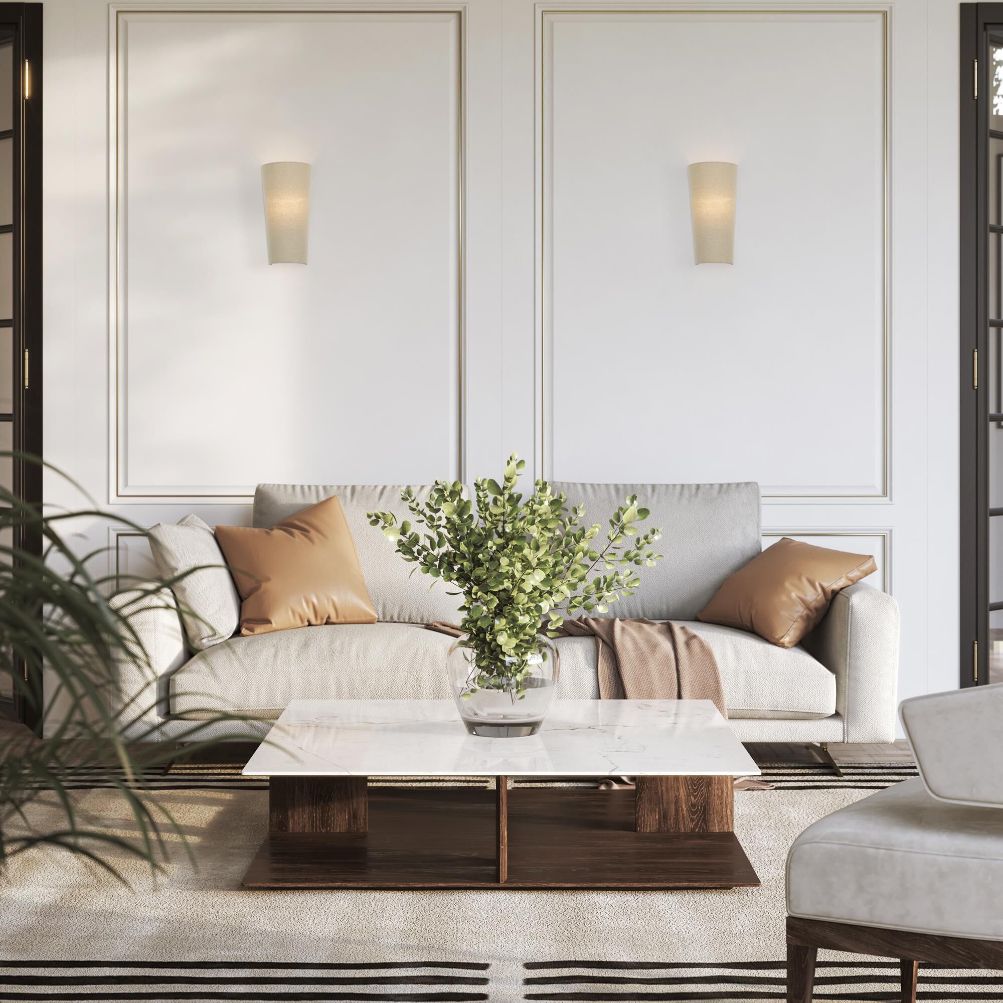 Shown in Antique Gold Leaf finish and Hand Crafted Parchment Color Hardback Fabric shade