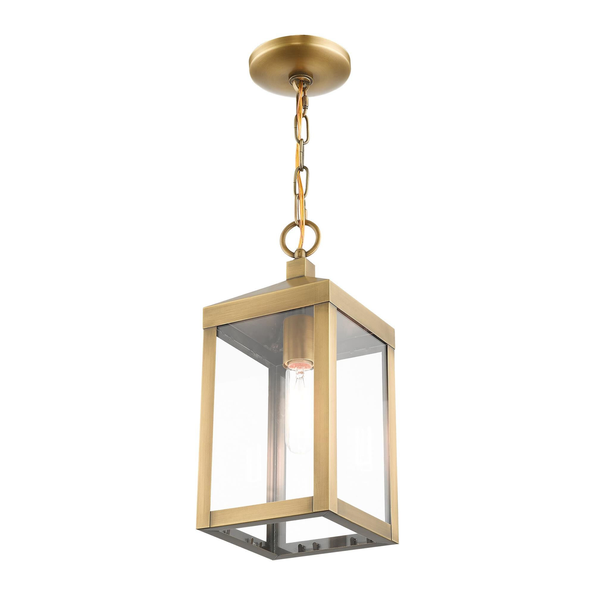 Shown in Antique Brass finish and Clear glass and Clear Glass shade