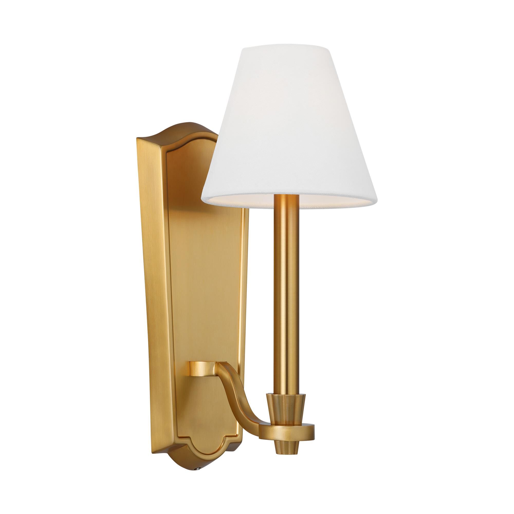Shown in Burnished Brass finish and White Linen Fabric shade