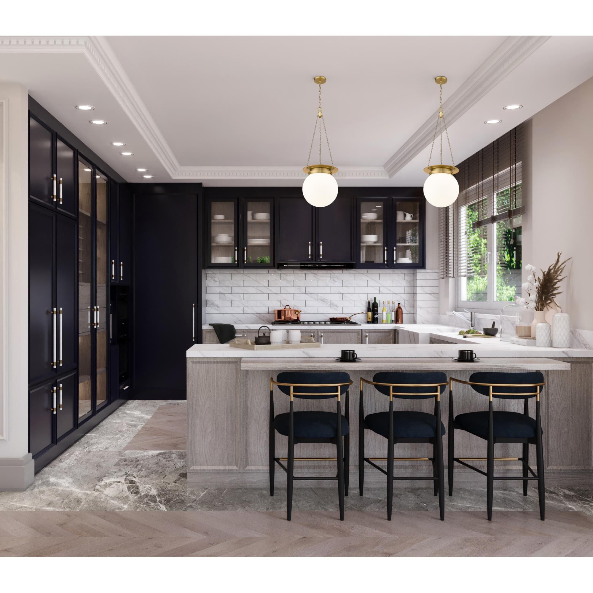 Shown in Heritage Brass finish and White Opal glass