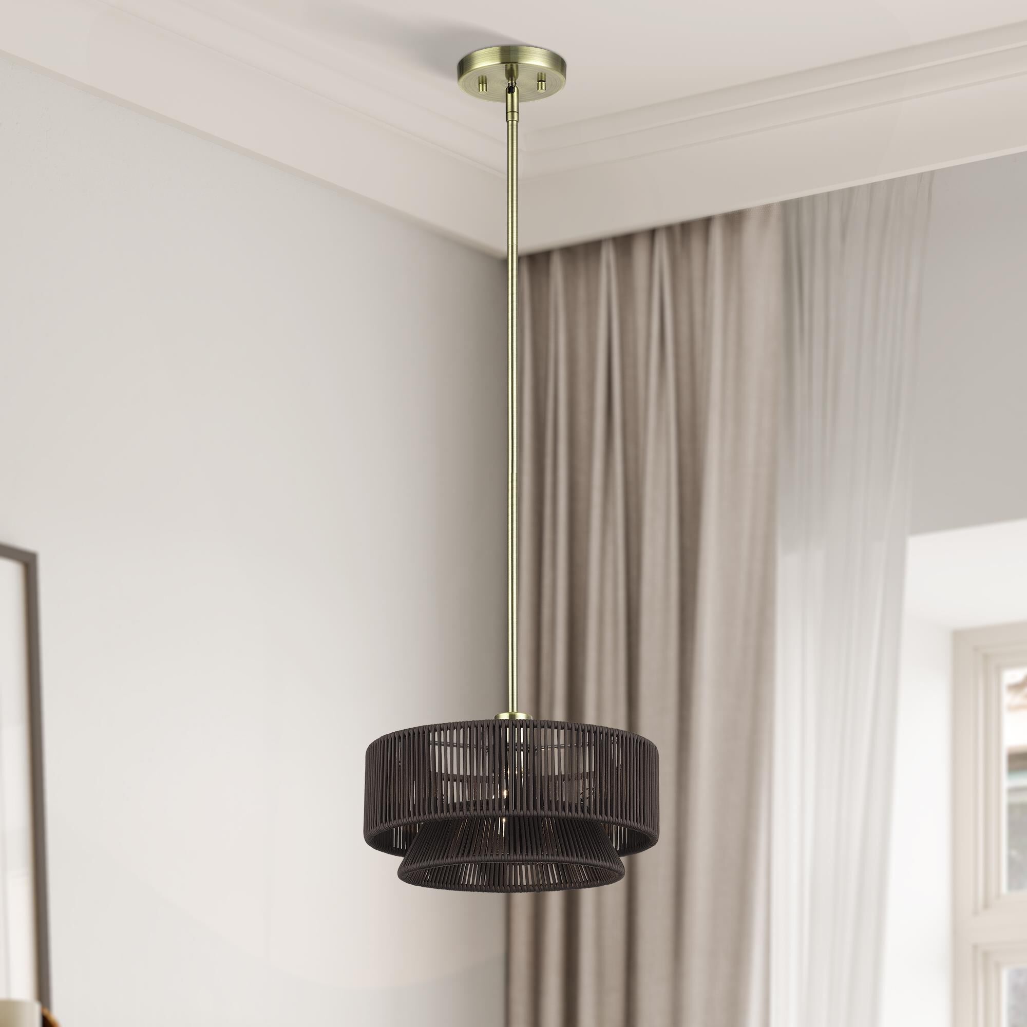 Shown in Antique Brass finish and Hand-Woven Dark Chocolate Color Polyester Rope shade