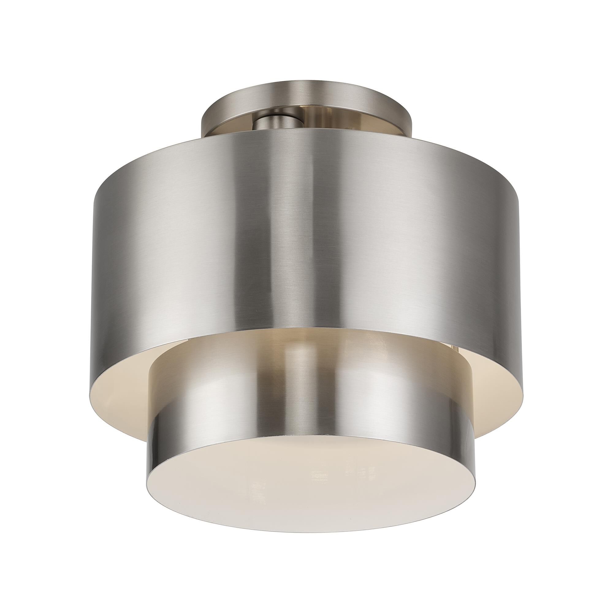 Shown in Brushed Nickel finish and Brushed Nickel Steel with Shiny White Inside shade