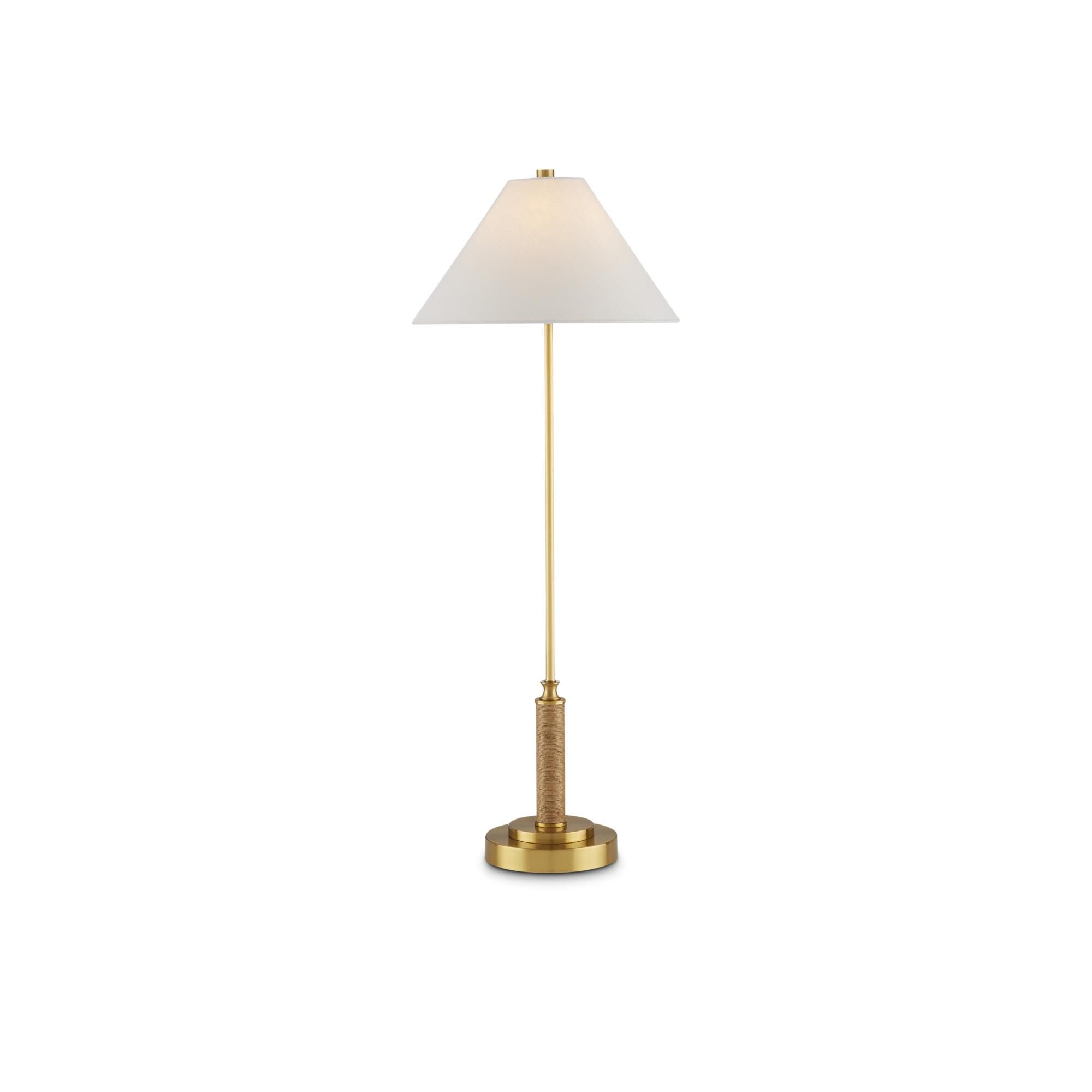 Shown in Antique Brass/Natural finish and Off-White Linen shade