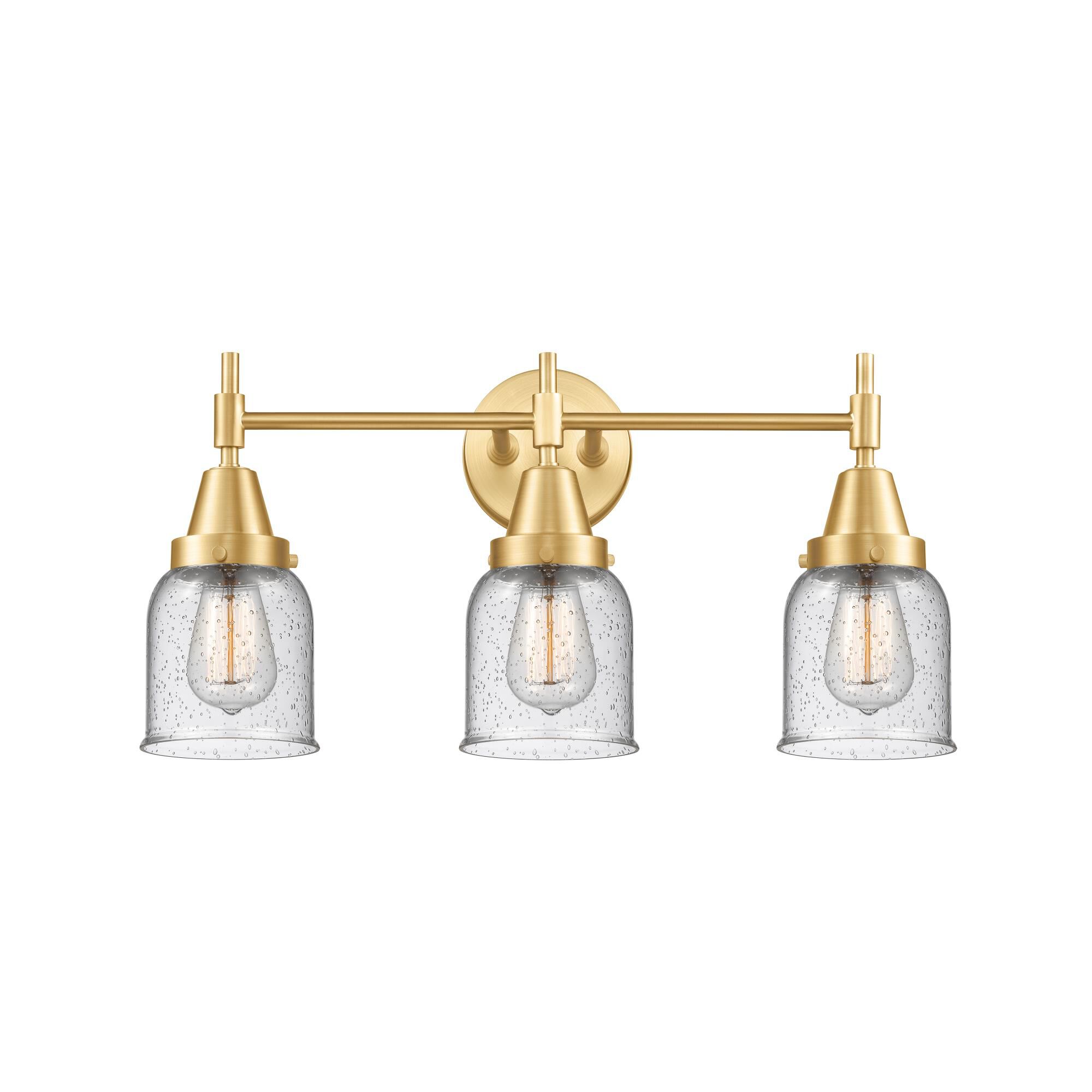 Shown in Satin Gold finish and Seedy Small Bell glass
