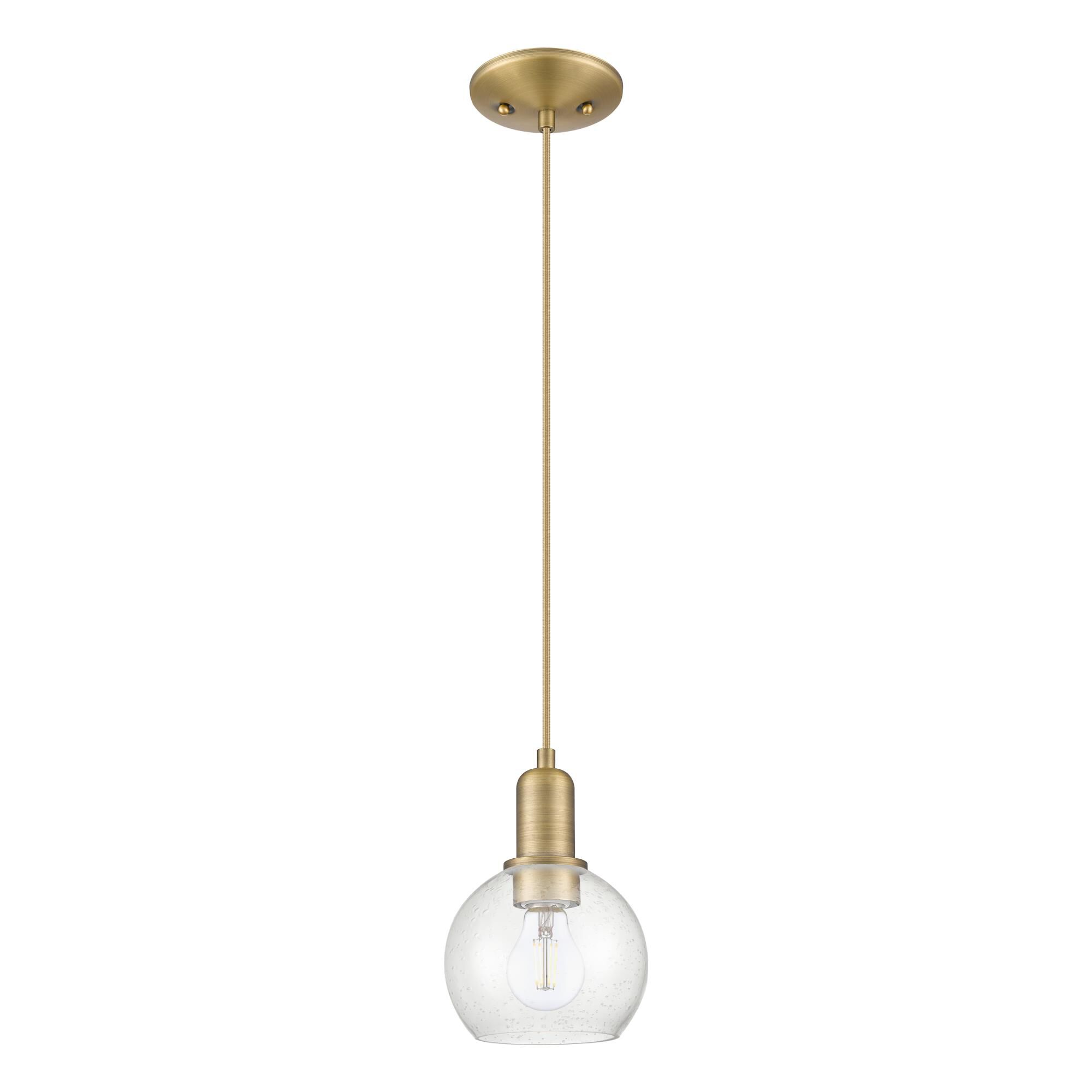 Shown in Brushed Brass finish and Seedy glass