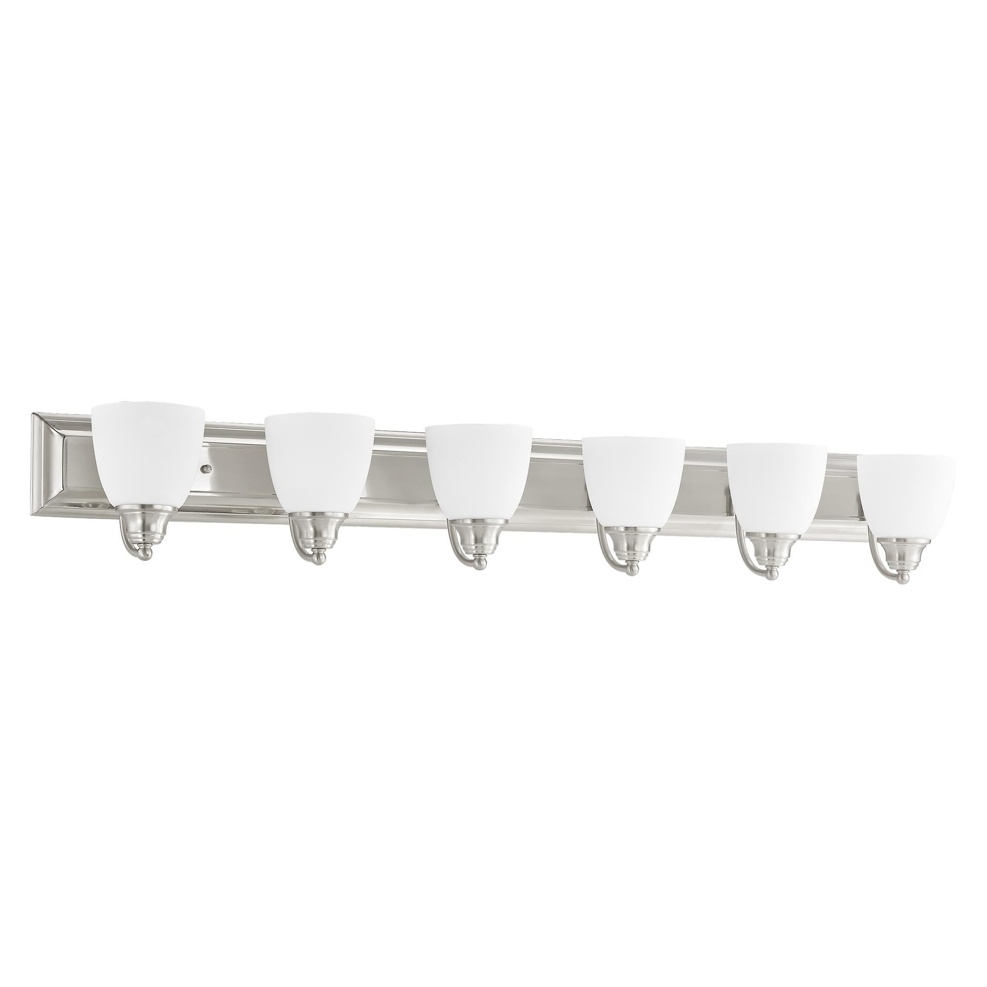 Shown in Brushed Nickel finish and Hand Blown Satin Opal White glass