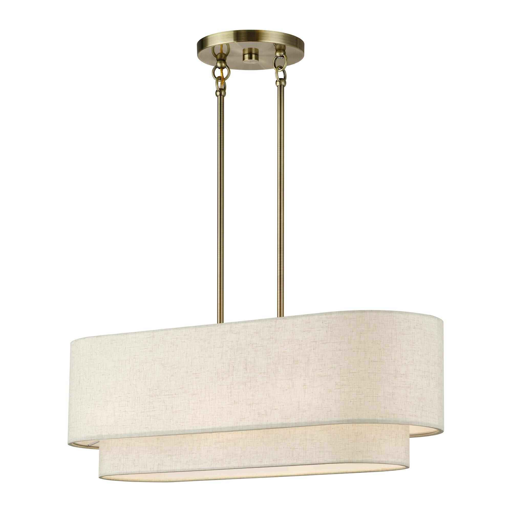 Shown in Antique Brass finish and Hand Crafted Oatmeal Color Fabric with White Color Inside shade