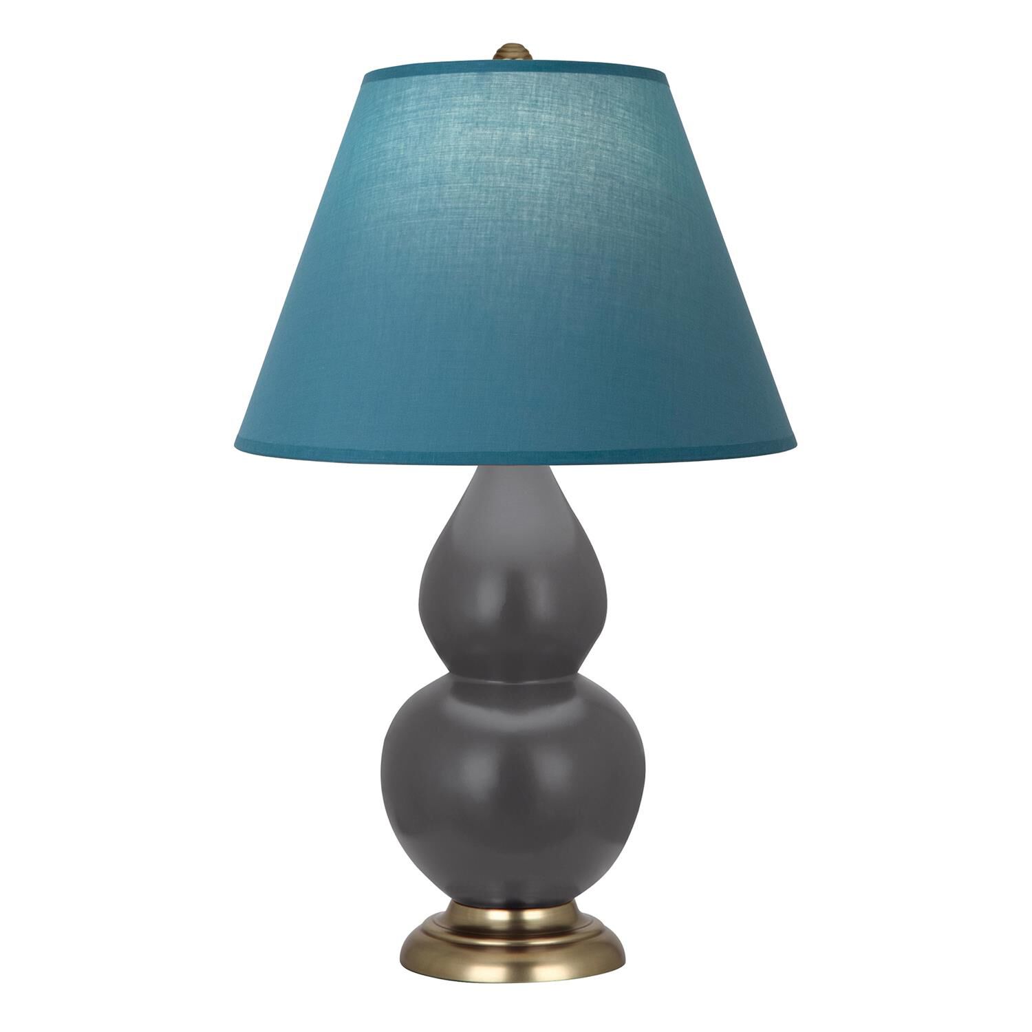 Shown in Matte Ash finish and Bright Blue and Gray shade and Antique Brass accent