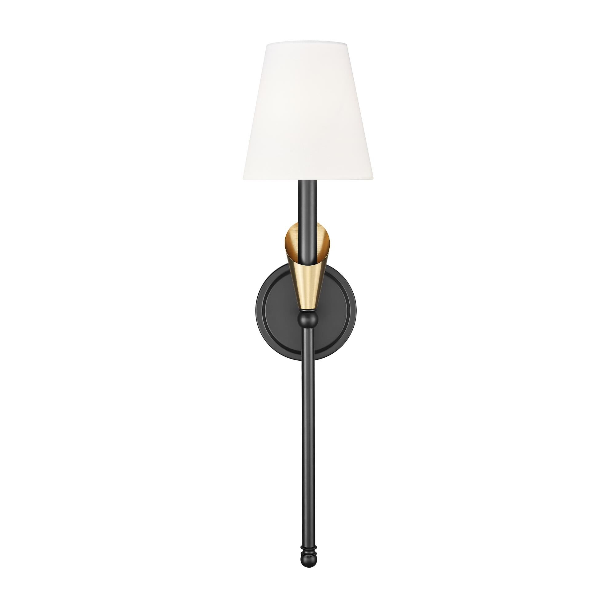 Shown in Matte Black And Modern Gold finish and White glass and White shade