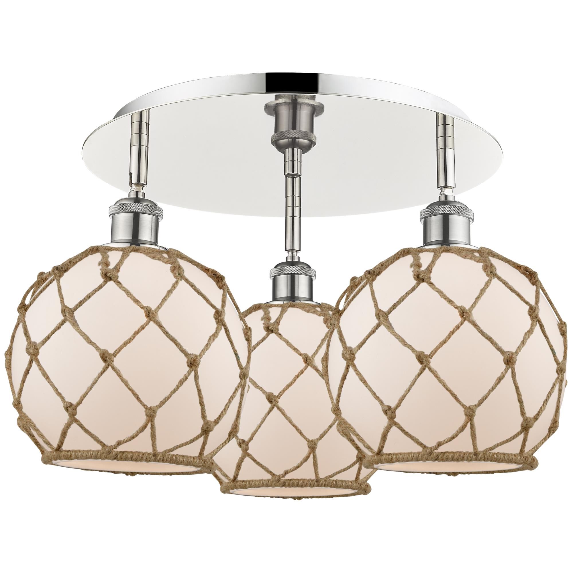 Shown in Polished Nickel finish and White with Brown Rope glass