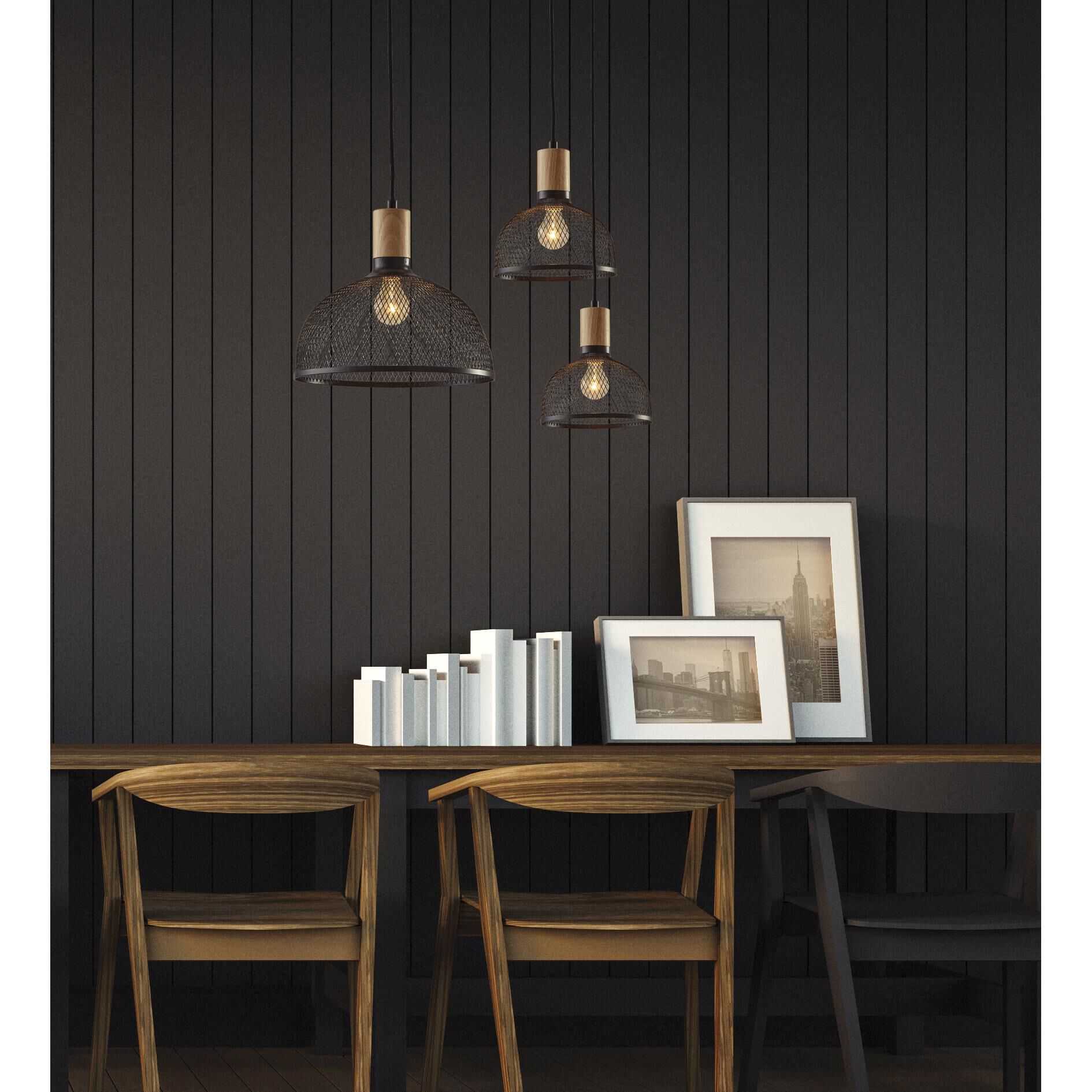 Shown in Matte Black and Natural Rubber Wood finish and black metal mesh shade