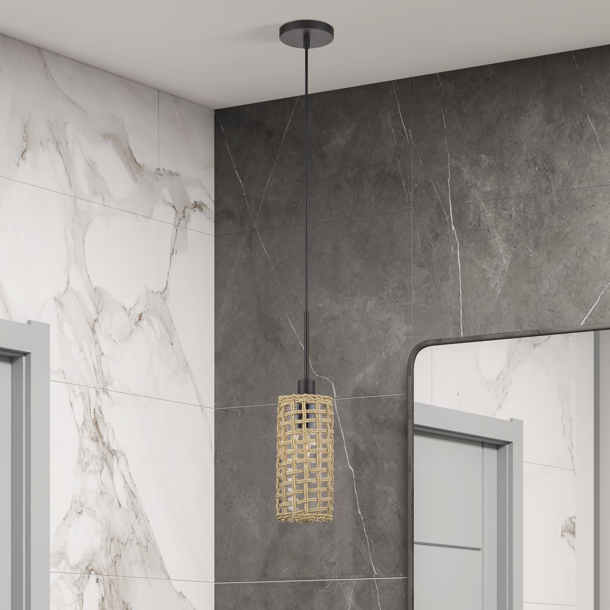 Shown in Bronze finish and Hand-Woven French Beige Paper Rope On Top Of Clear shade