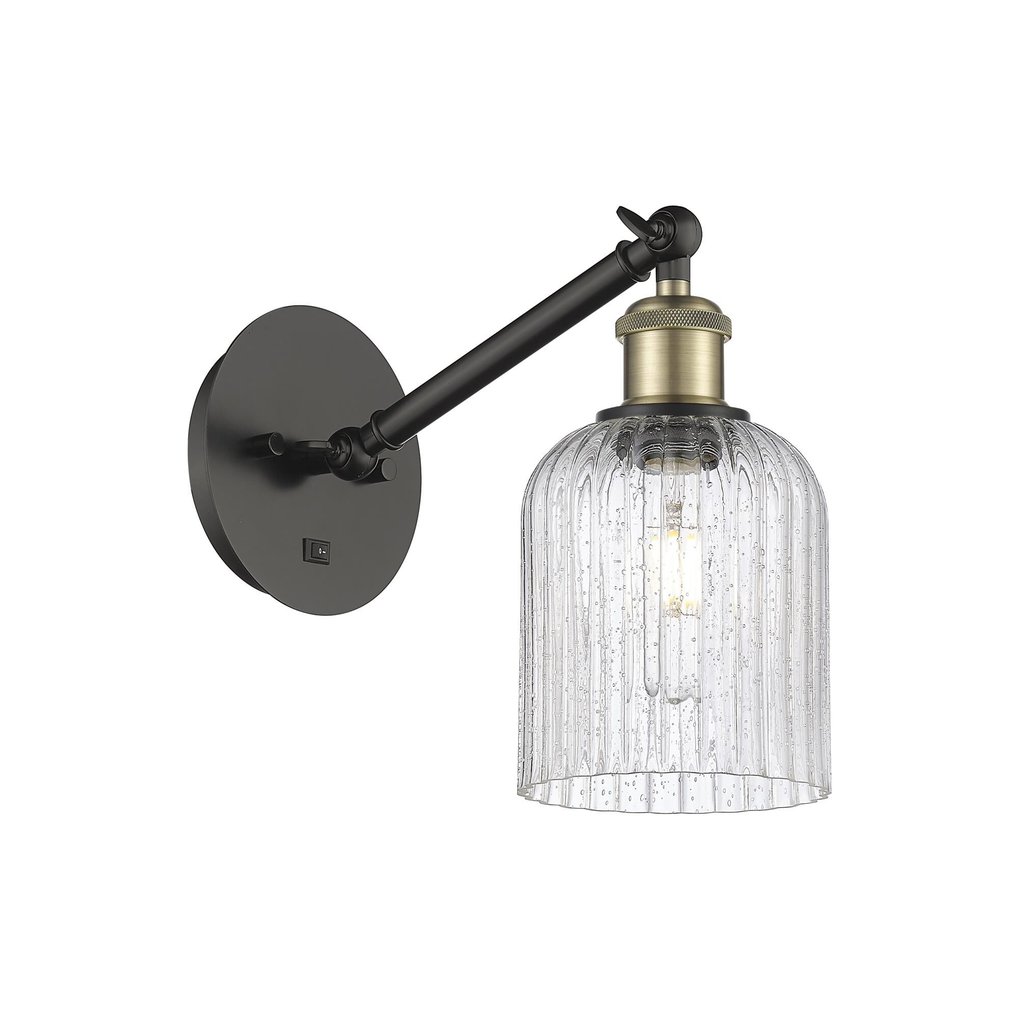 Shown in Black Antique Brass finish and Seedy shade