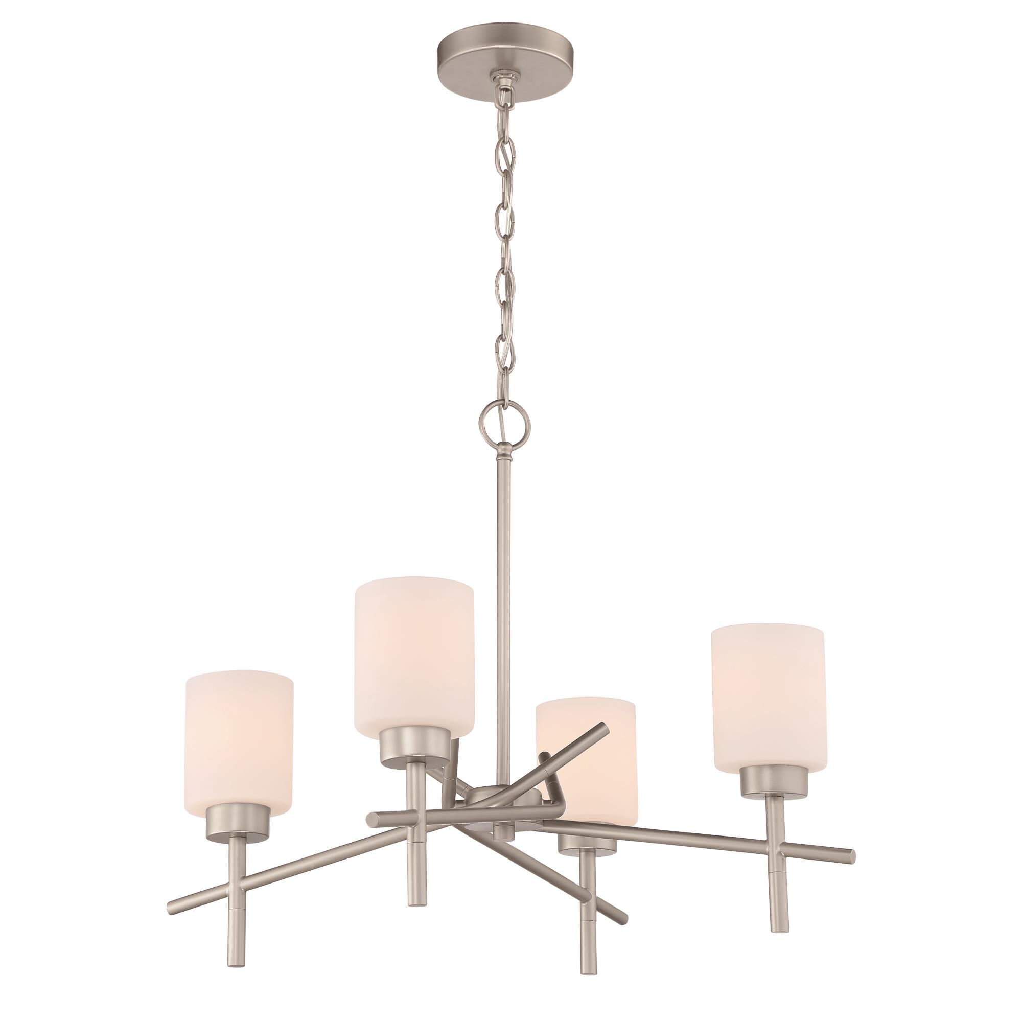 Shown in Satin Nickel finish and White Frosted glass and Glass shade