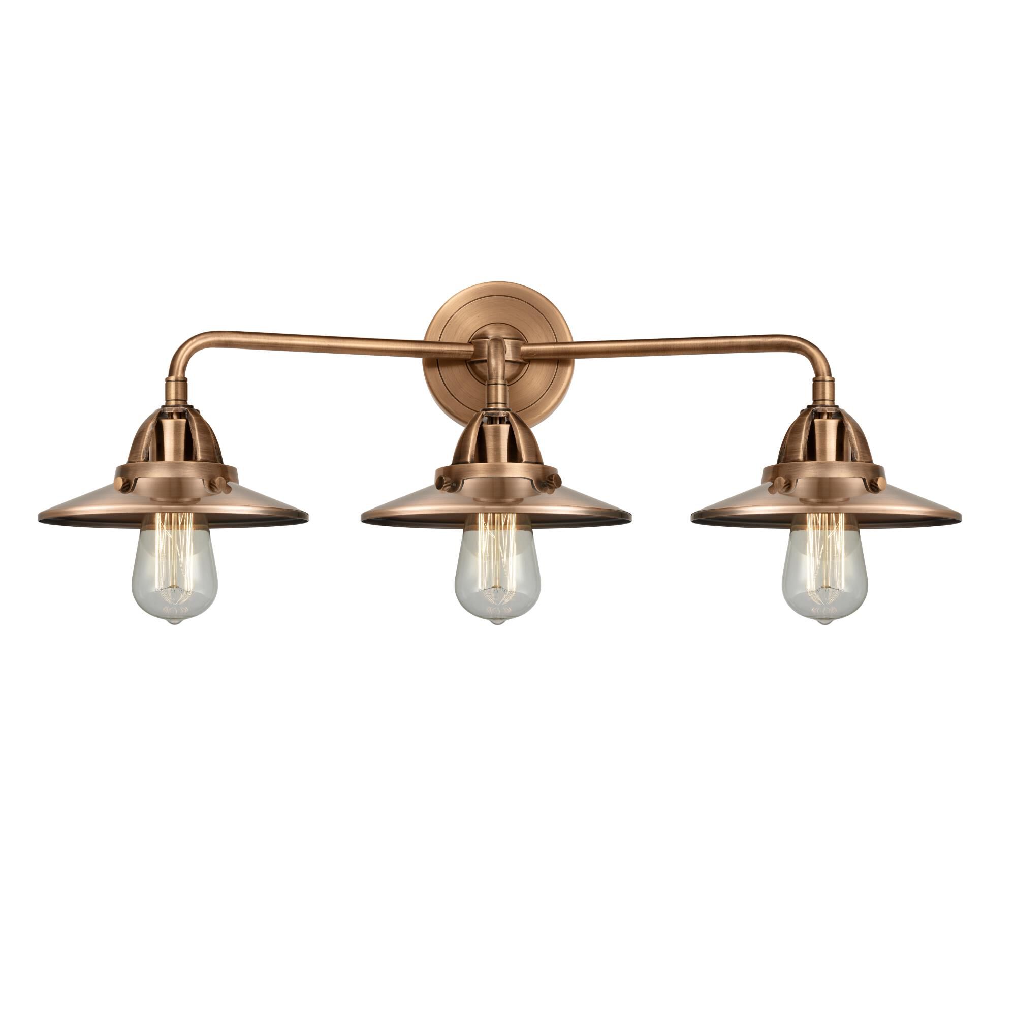 Shown in Antique Copper finish and No Glass glass and Antique Copper Railroad shade