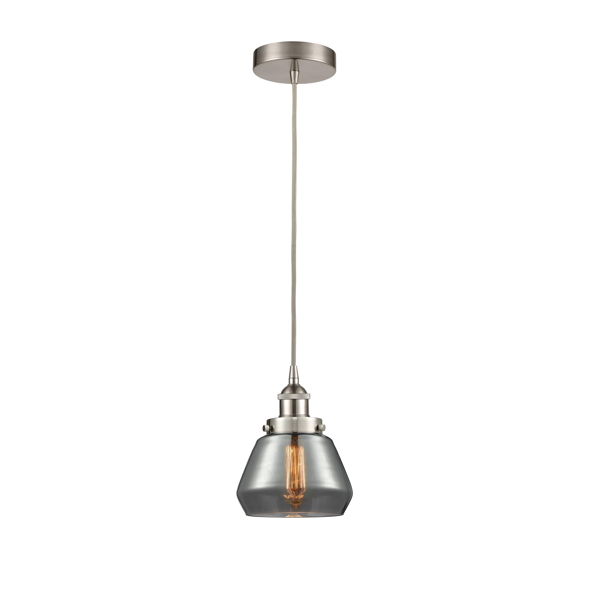 Shown in Brushed Satin Nickel finish and Plated Smoke Fulton glass