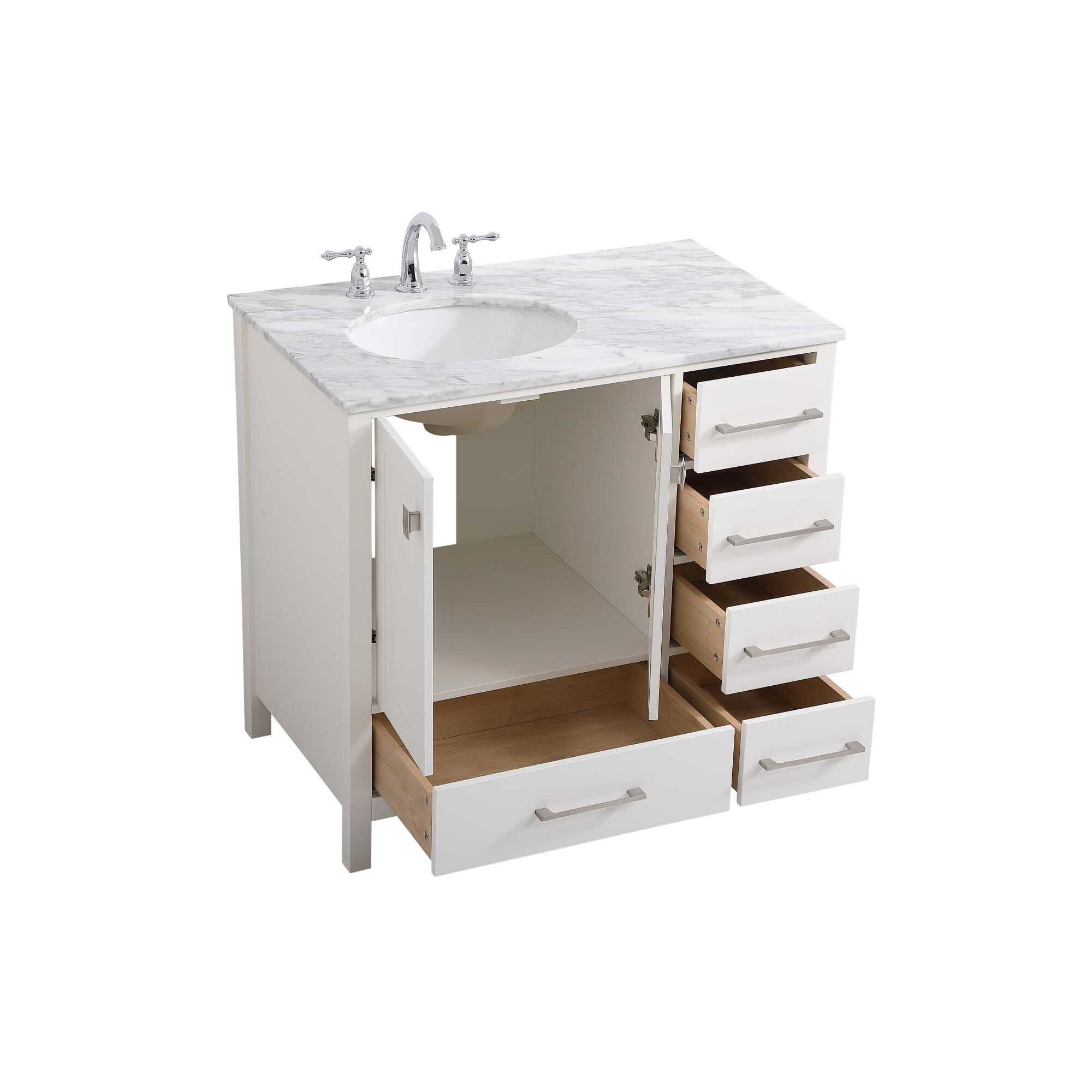 Shown in White And Brushed Nickel With Carrara White Marble finish