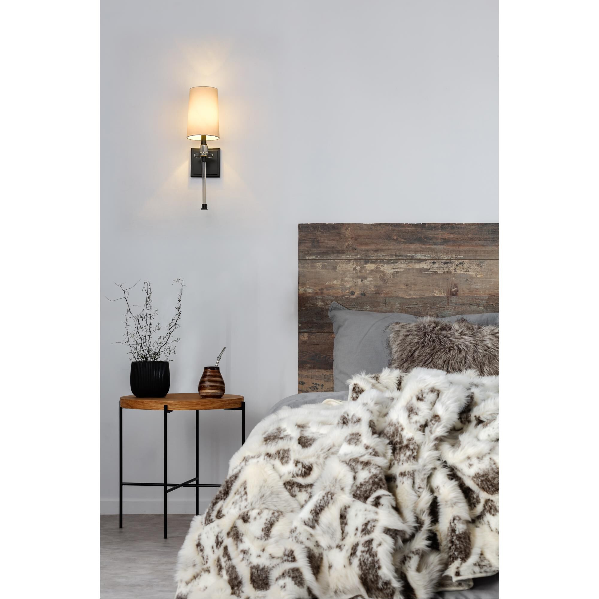 Shown in Matte Black finish and Fabric glass and Fabric shade