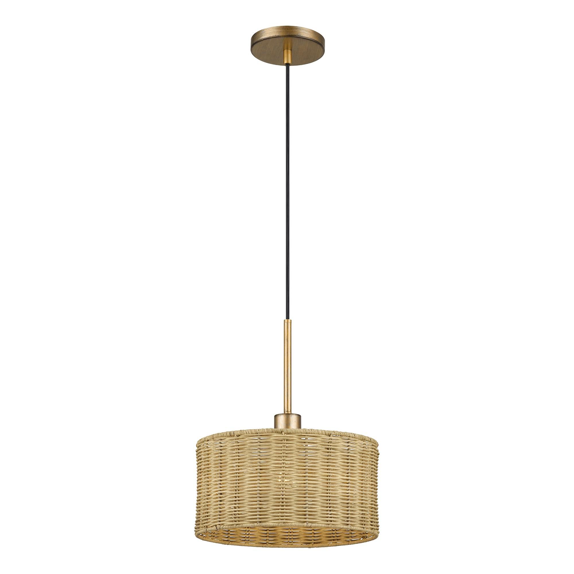 Shown in Antique Gold Leaf finish and Hand-Woven Rustic Walnut Color Rattan shade