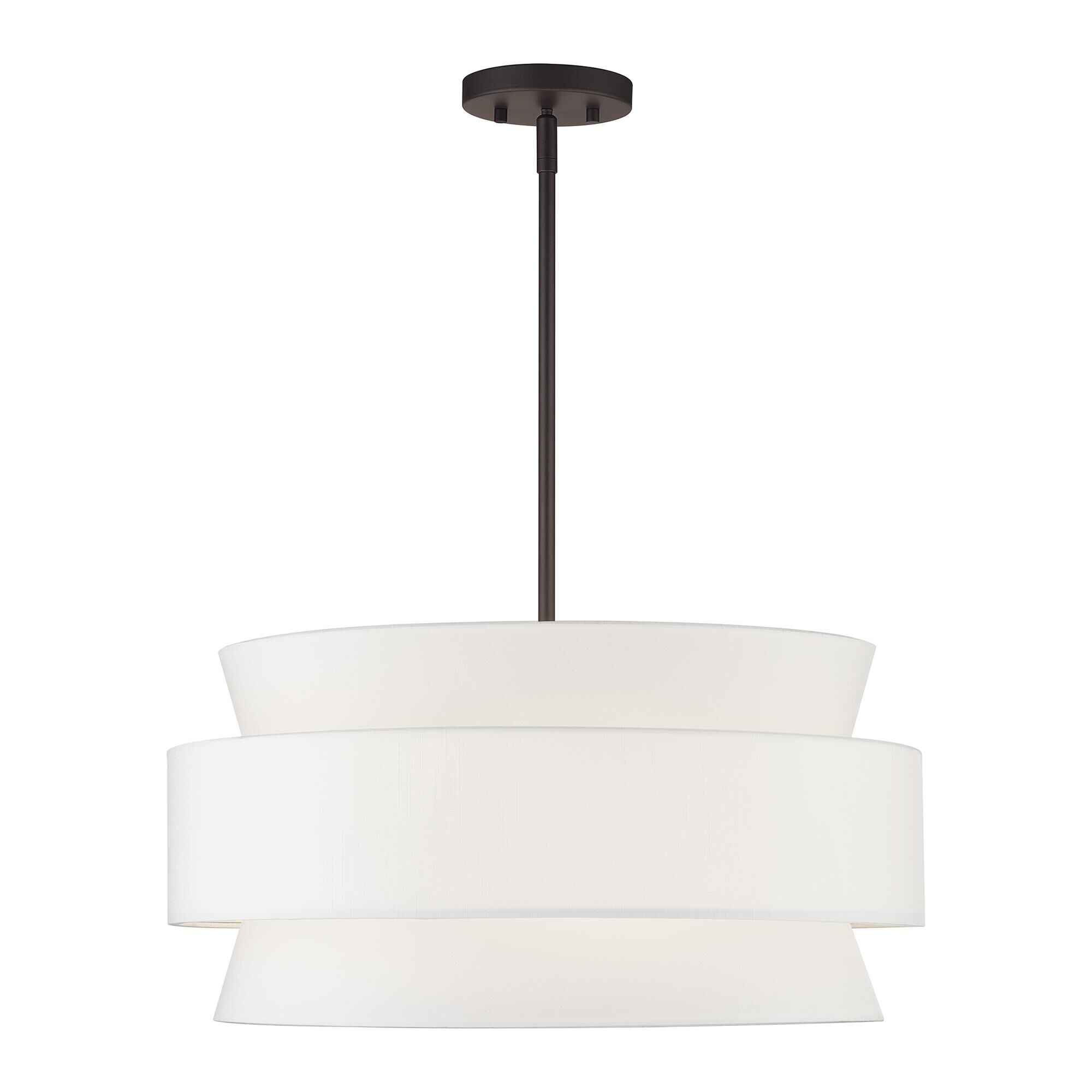 Shown in Bronze finish and Hand Crafted Off-White Fabric Hardbacks with White Fabric Inside shade