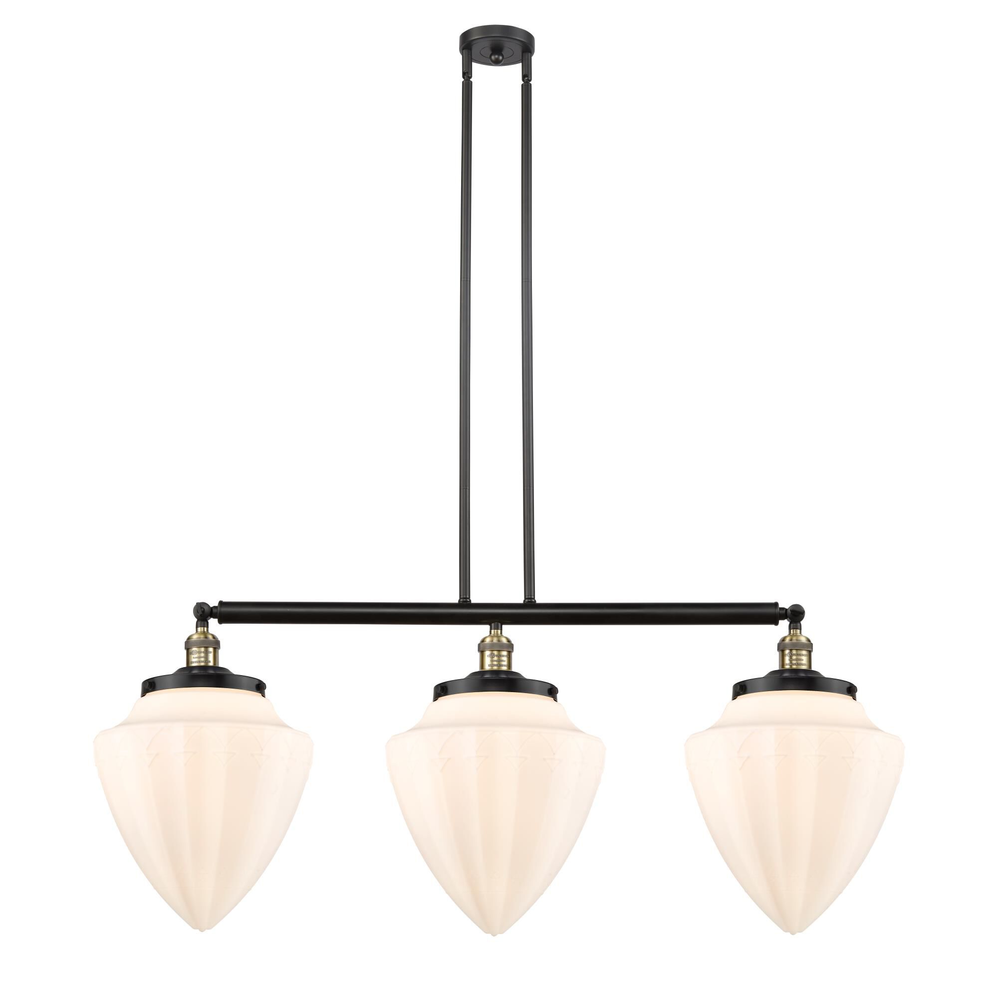 Shown in Black Antique Brass finish and Matte White glass