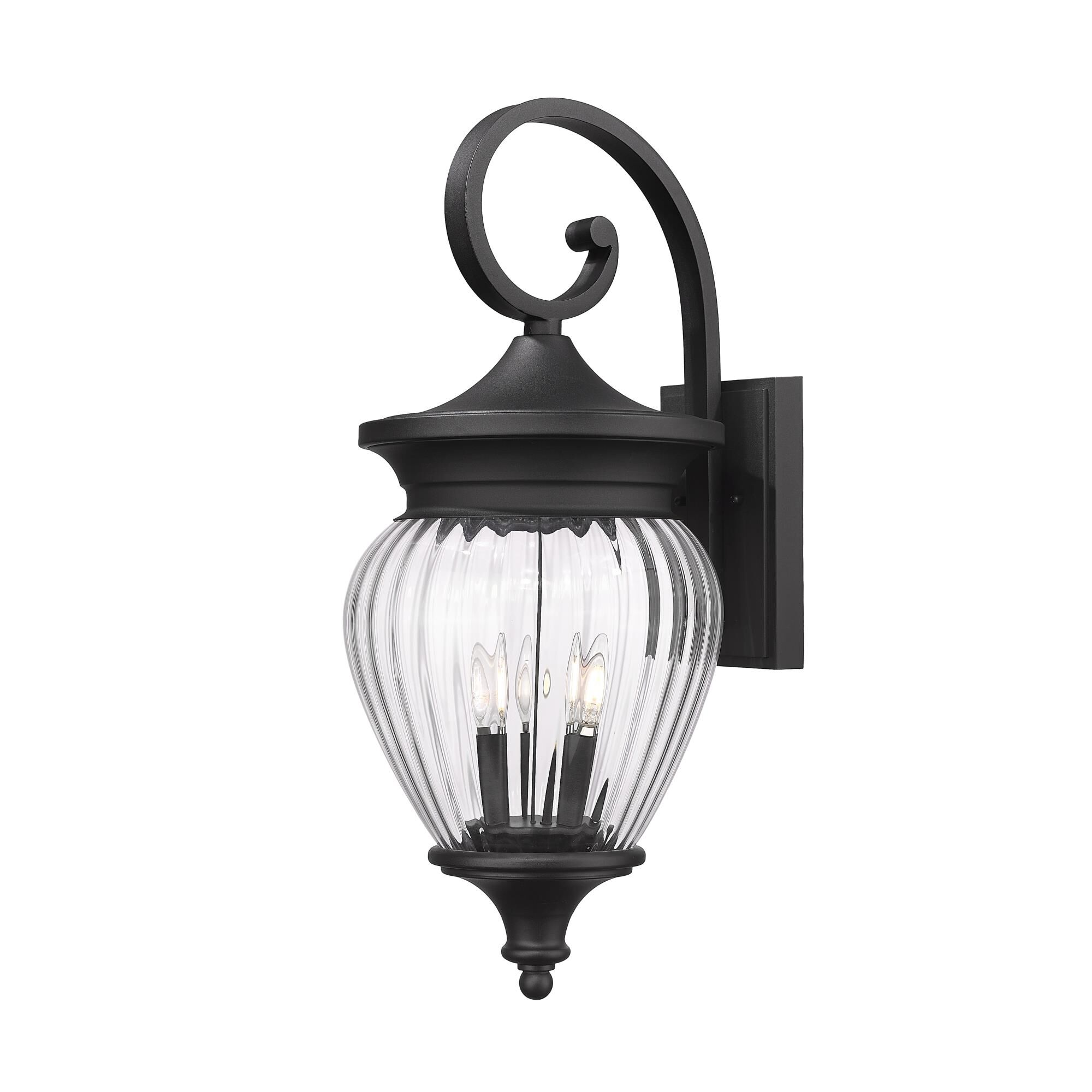 Shown in Black finish and Clear Ribbed glass and Clear Ribbed shade