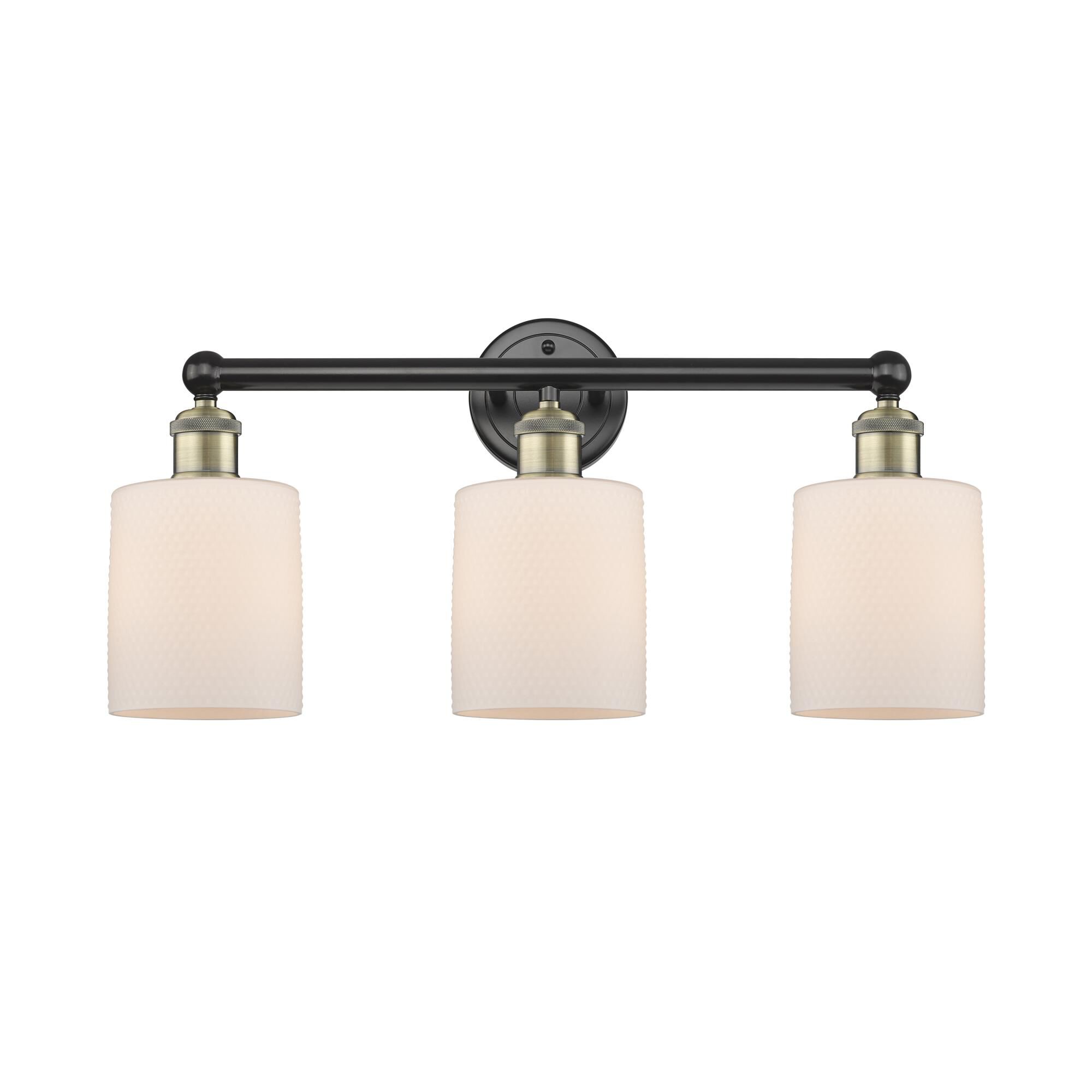 Shown in Black Antique Brass finish and Matte White glass